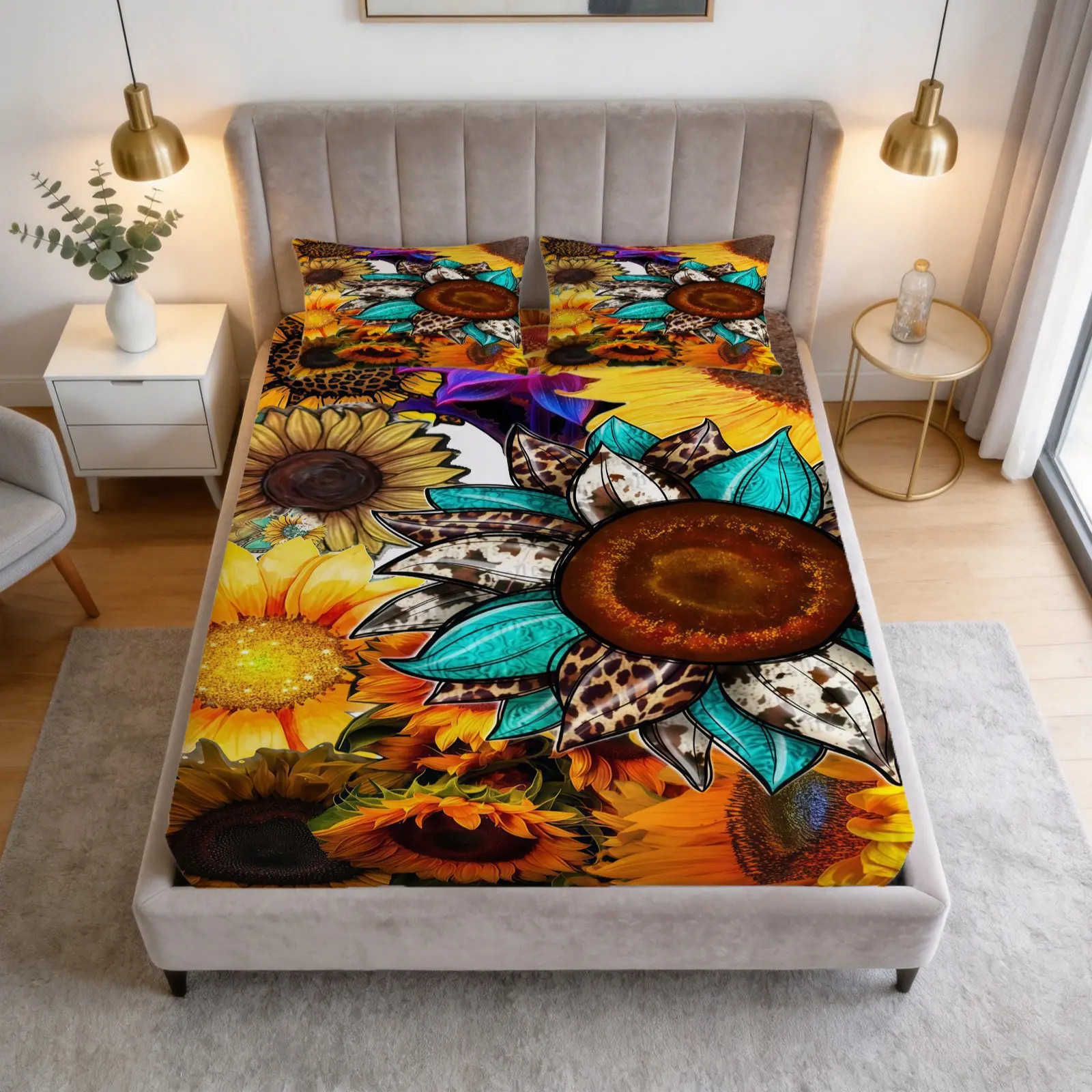 3-Piece Sunflower Patterned Bed Sheet Set, Soft And Comfortable Bedding Set (1 Bed Sheet And 2 Pillowcases, Excluding Pillow Core), Suitable For Teenagers And Adults, Thanksgiving, Bedroom, Apartment, And Guest Room Scenes