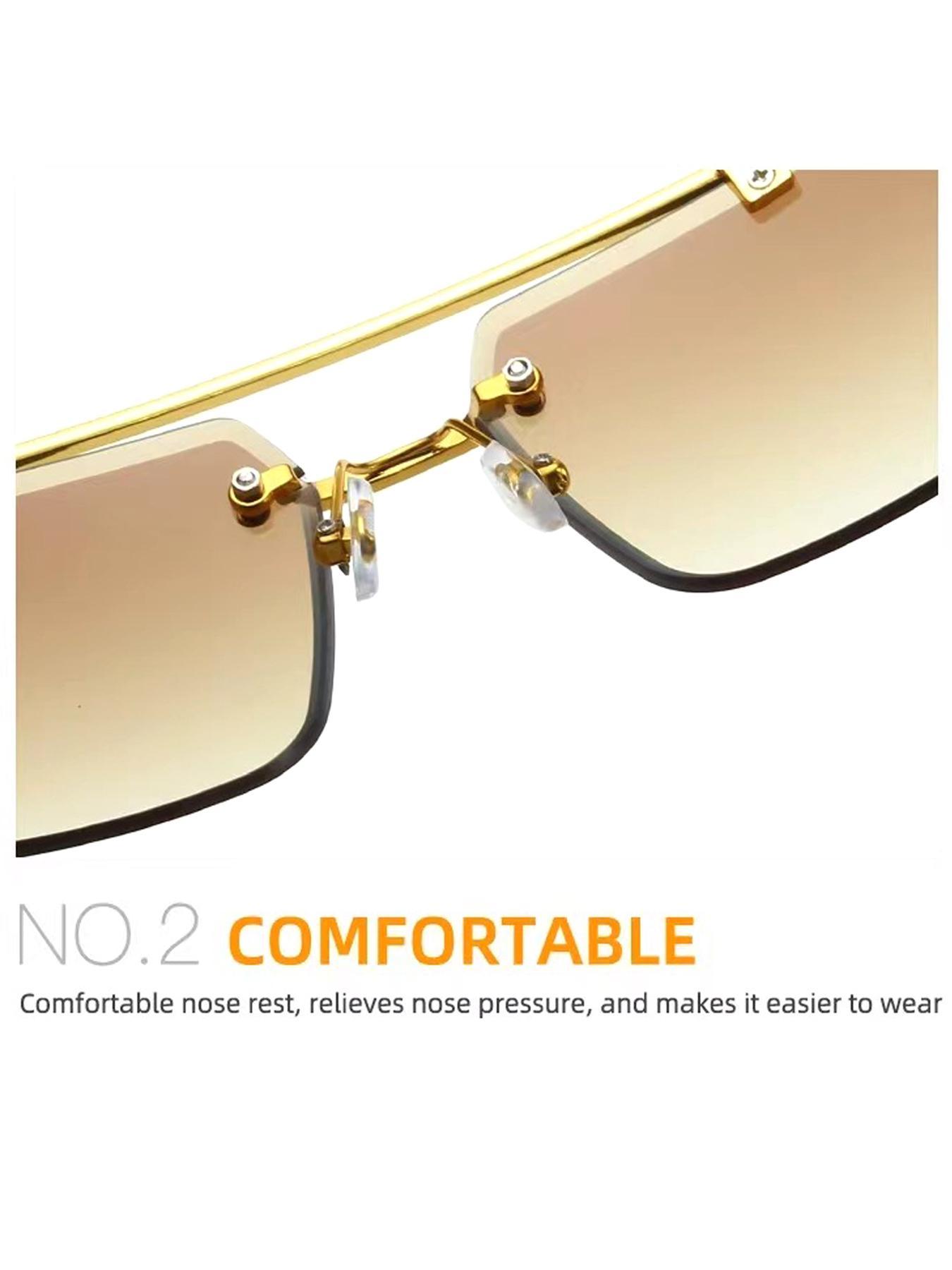 Luxury Square Gold Frame Fashion Sun Glasses Metal Leopard Rimless Sunglasses Double Bridges Gradient Ocean Film Shades UV400 Trendy Casual Sunglasses