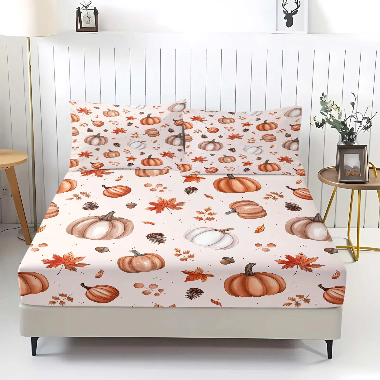 White Watercolor Pumpkin Maple Acorn Fitted Sheet Set, Bed sheet set, Fall Digital Print Bedding, Soft Deep Elastic Pocket, Machine Washable, Includes 2 Pillowcases - without Core, Cozy Autumn Bedroom Decor