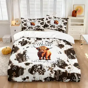 Rustic Farm Highland Cow Cowhide Duvet Cover Set, Print Bedding Set, 1 Quilt Cover & 1 or 2 Pillowcases, Full Print Pattern, Skin-Friendly Wrinkle Resistant Fabric, Bedroom Decor Farmhouse Bed Set