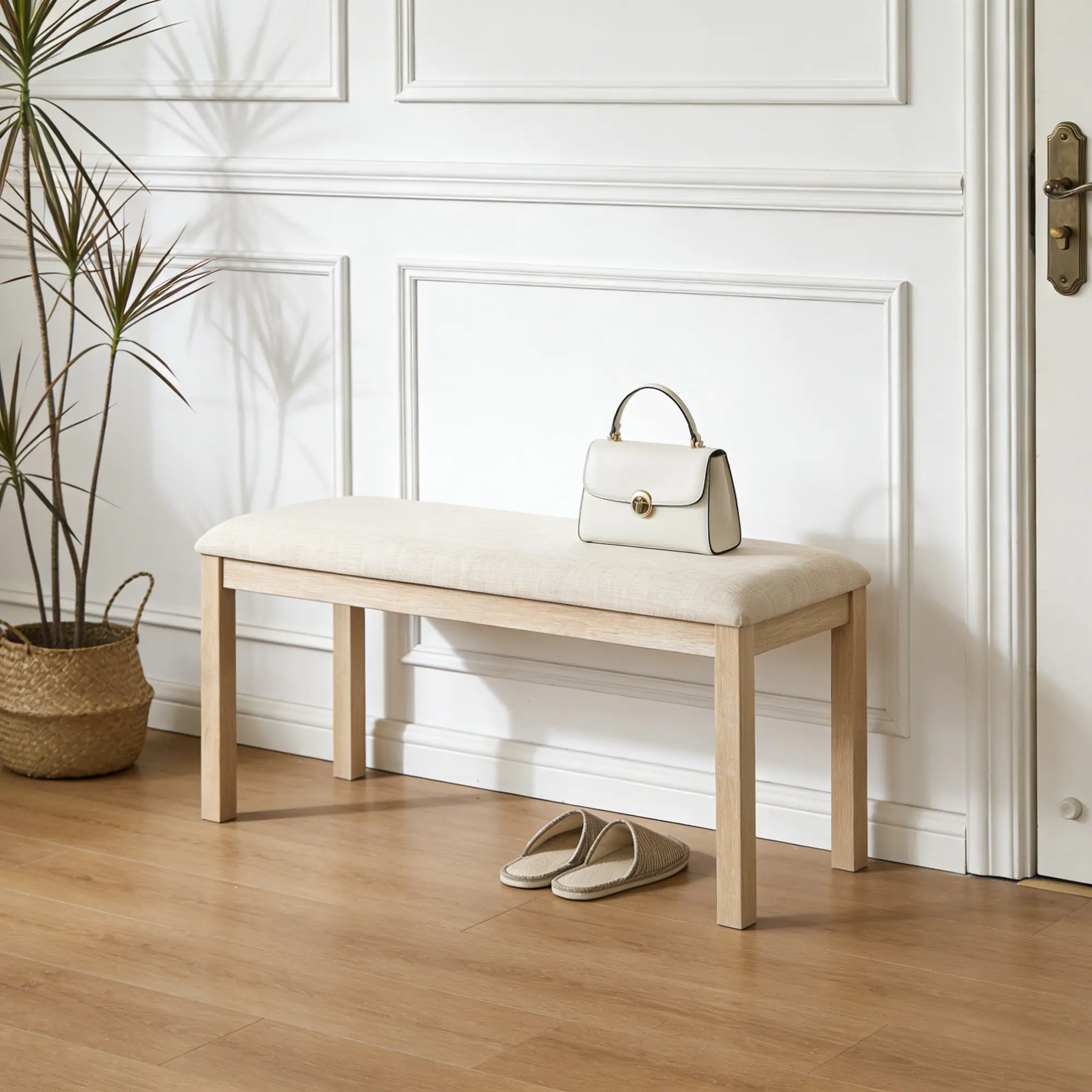 ARCH 38-Inch Upholstered Dining Bench with Padded Seat and Solid Wood Legs, Linen Fabric Bench for Kitchen Living Room Bedroom Hallway, Beige and Light Oak Options, 1-Pack, Beige/Light Oak Color Options, Bent Wood/Fabric/Rubber Wood Material