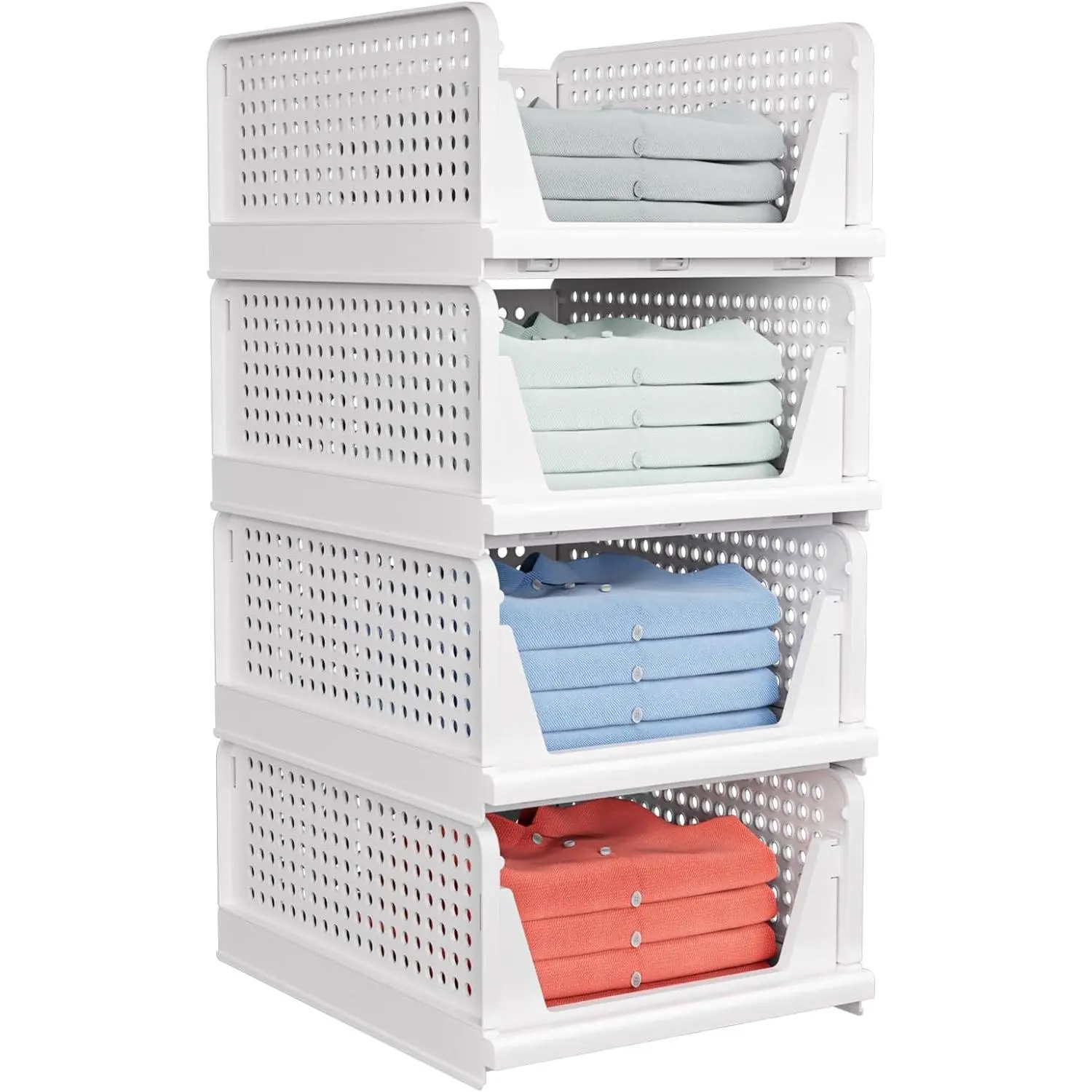 4 Pack Stackable Lightweight Closet Storage Basket - Shelf, Wall-Mountable Slide Boxes, Foldable Multifunctional Waterproof Wardrobe Cupboard Space-Saving Organizer