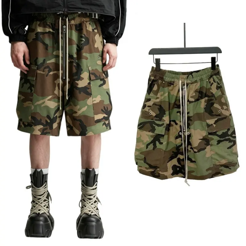 Men's Techwear Camouflage Multi Pocket Cargo 5 Inch Shorts, Exposed Front Long Zipper Drawstring Elastic Waist Straight Leg, Ripstop Wear Resistant Fabric, Street Fashion Summer Casual Daily Wear men's shorts summer # SummerWins # fathersdaygift