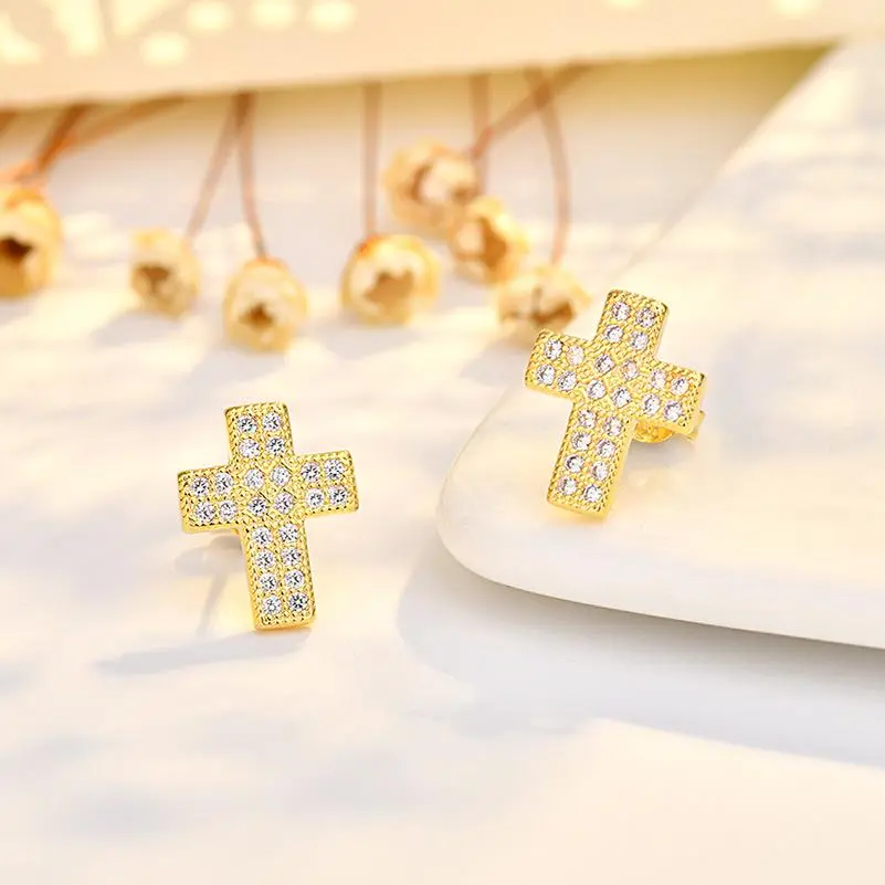Cross stud earrings, high-end sense, fashionable atmosphere, micro-inlaid zircon gold-plated earrings, versatile and young