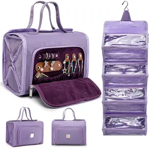 Roll Up Makeup Bag,  Toiletry Bag for Women,  Travel Organizer bags with  Organizer Compartment,  4 Clear TSA Approved Pouches  Makeup (violet)