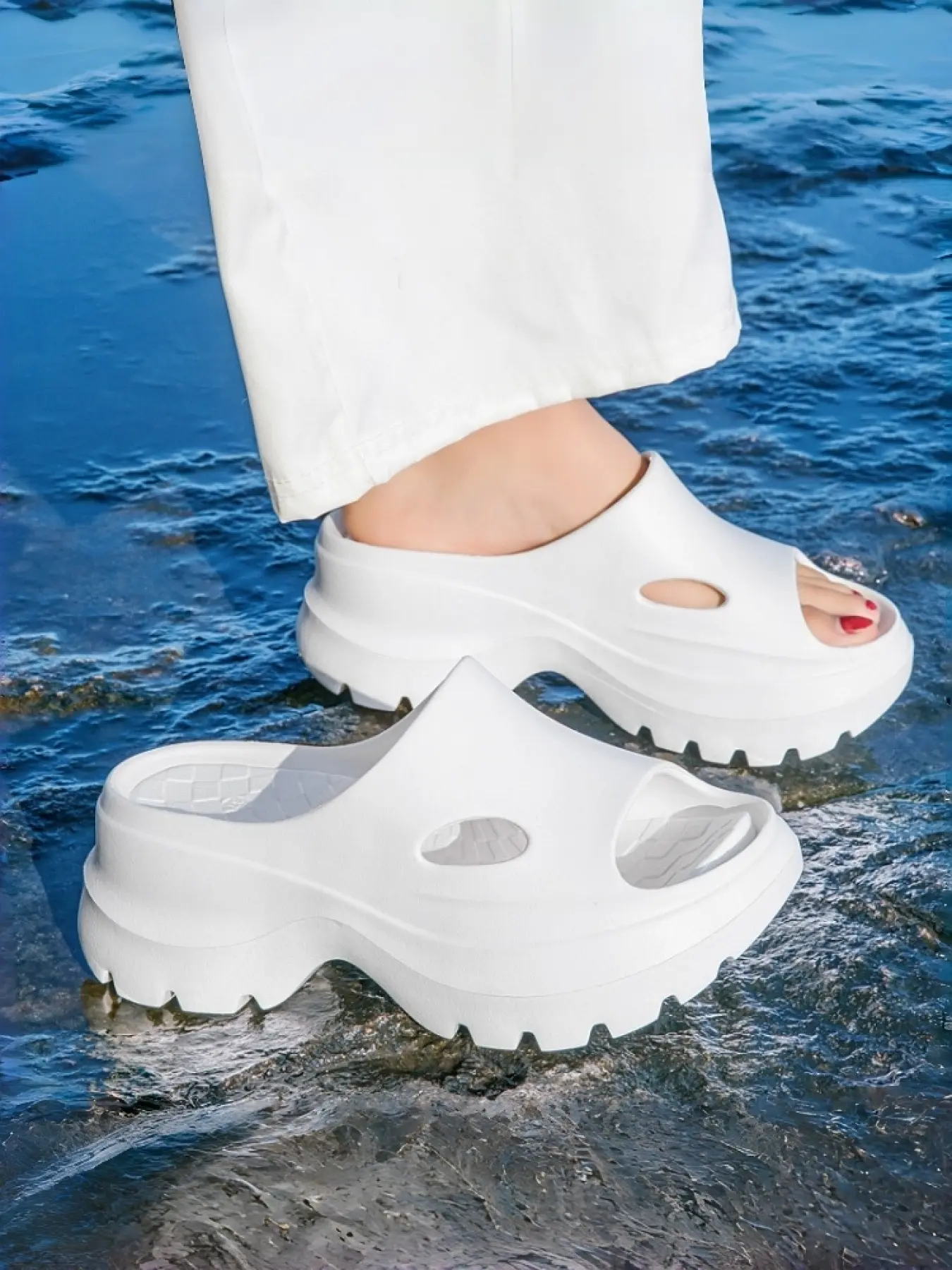 Women's Cream Hollow Chunky Slide Sandals, EVA Heightening Anti-slip Slippers for Daily Wear Non Slip Slides