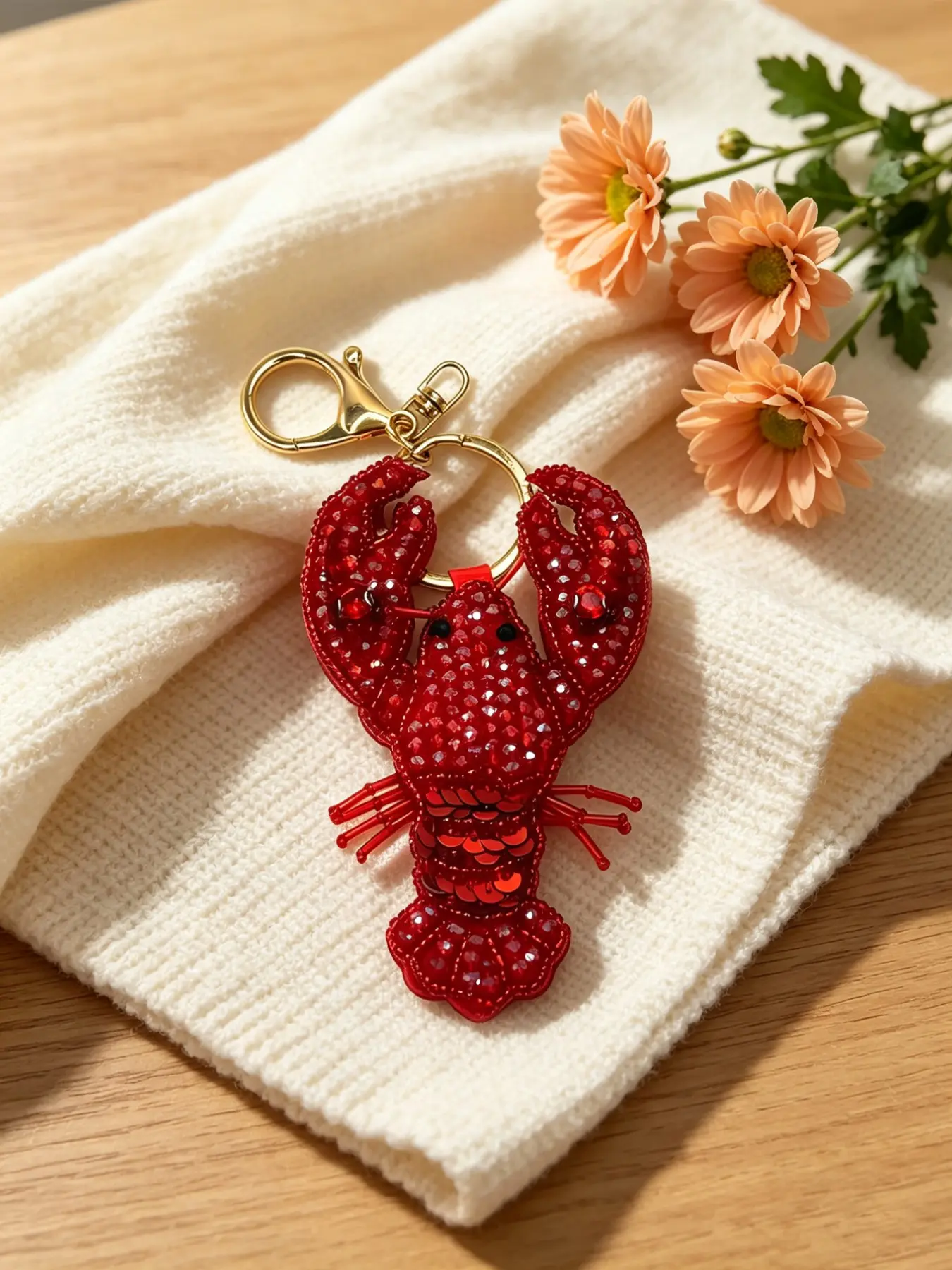 Handmade Lobster Keychain, Full Rhinestone Pendant, Cartoon Pattern, All Seasons, Cute Style, Beach Vacation Decor, Bag Accessory