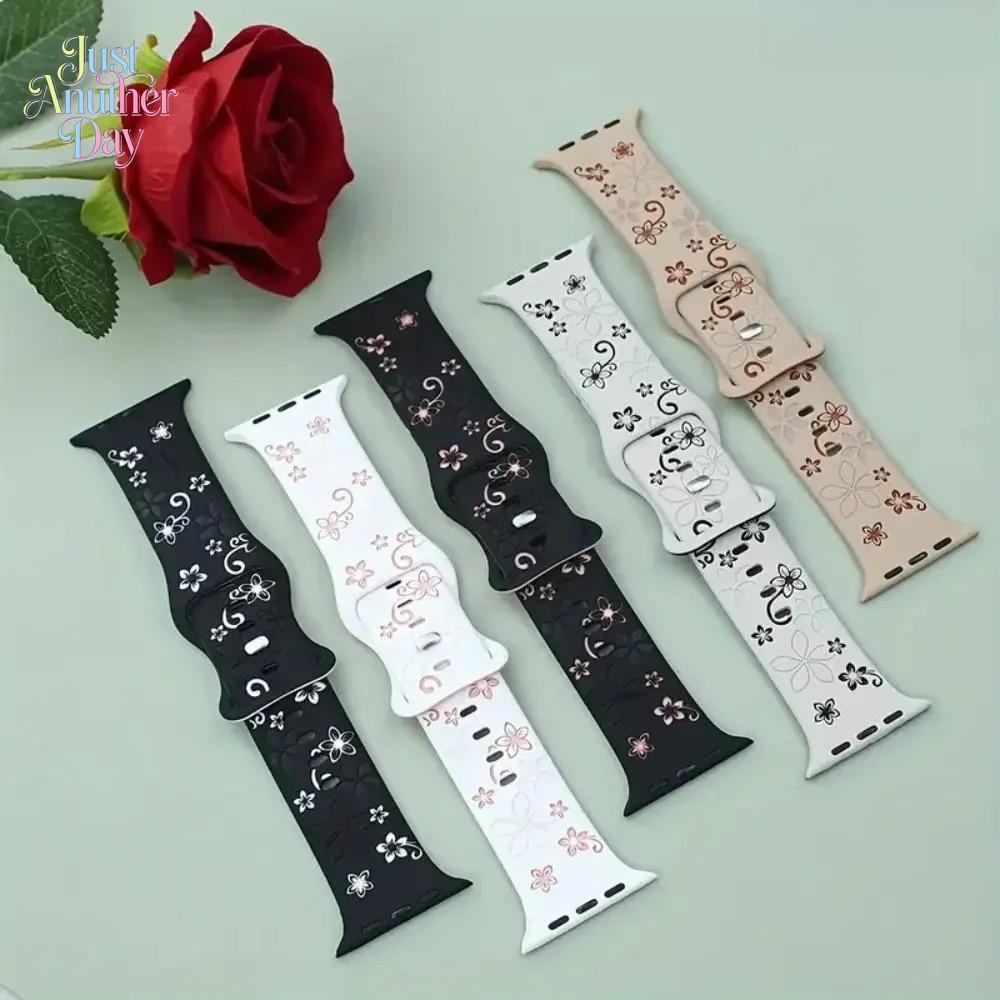 Floral Engraved Silicone Apple Watch Band – Cute Sport Strap (38–49mm, Series & Ultra)