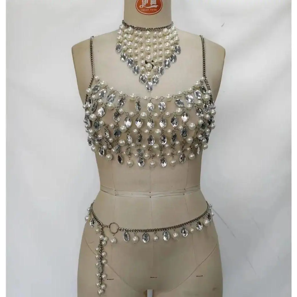 New European And American Style Pearl Vest, Sexy Metallic Women's Multi-Layer Top, Bra, Chest Chain 3-Piece Set