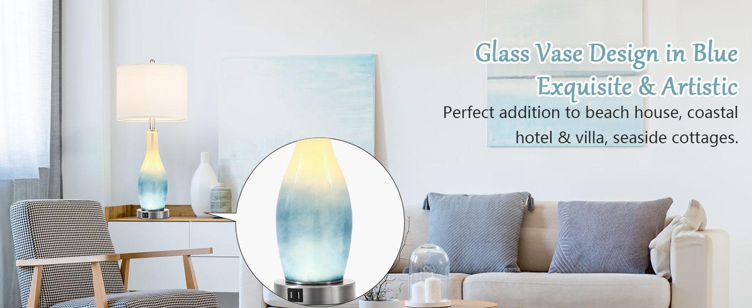 26in Tall Glass Table Lamps Set of 2 with 2 USB Charging Ports & LED Nightlight, Large Coastal Table Lamps for Living Room End Table, Modern Beach Lamps for Bedroom Bedside Nightstand