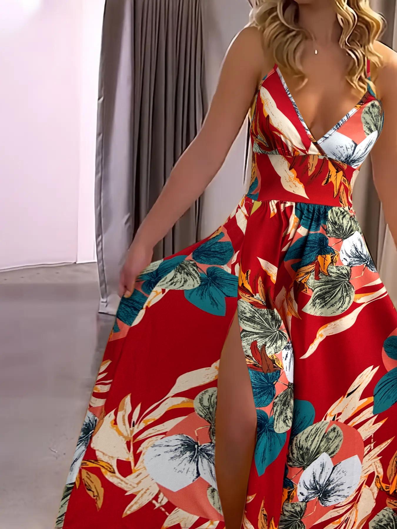 Women's Plain Fitted Criss Cross Backless Split Thigh Spaghetti Strap Cami Dress, Elegant Style Tie Back Ruched Sleeveless Long Dress for Party Holiday Wedding Guest, Ladies Summer Clothes Womenswear Women's Plain Fitted Criss Cross Backless Split Thigh Spaghetti Strap Cami Dress, Elegant Style Tie Back Ruched Sleeveless Long Dress for Party Holiday Wedding Guest, Ladies Summer Clothes Womenswear