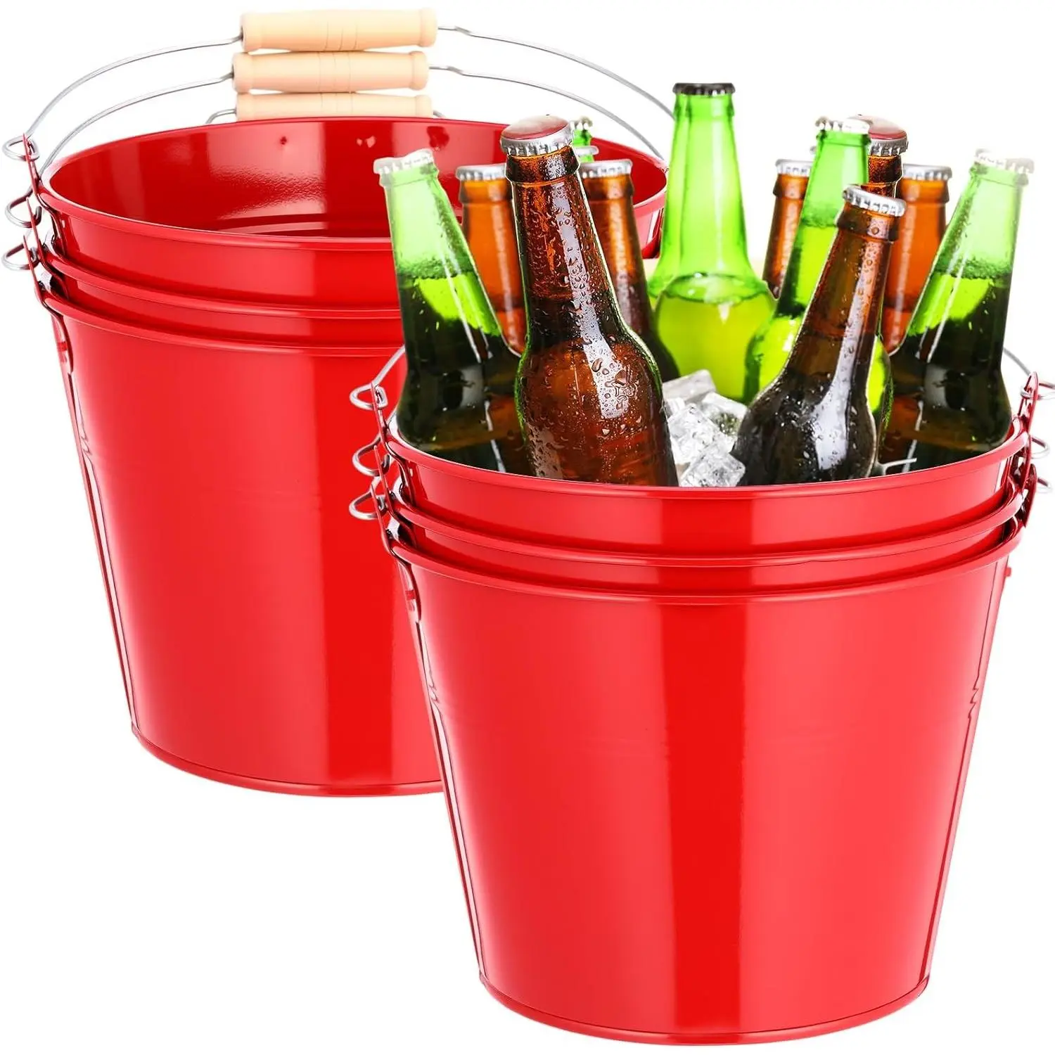 6 Pcs Large Metal Bucket Beer Bucket Galvanized Steel Pail with Handle for Gifts Basket Ice Candy Party(9 x 7 x 7 Inch,Red)