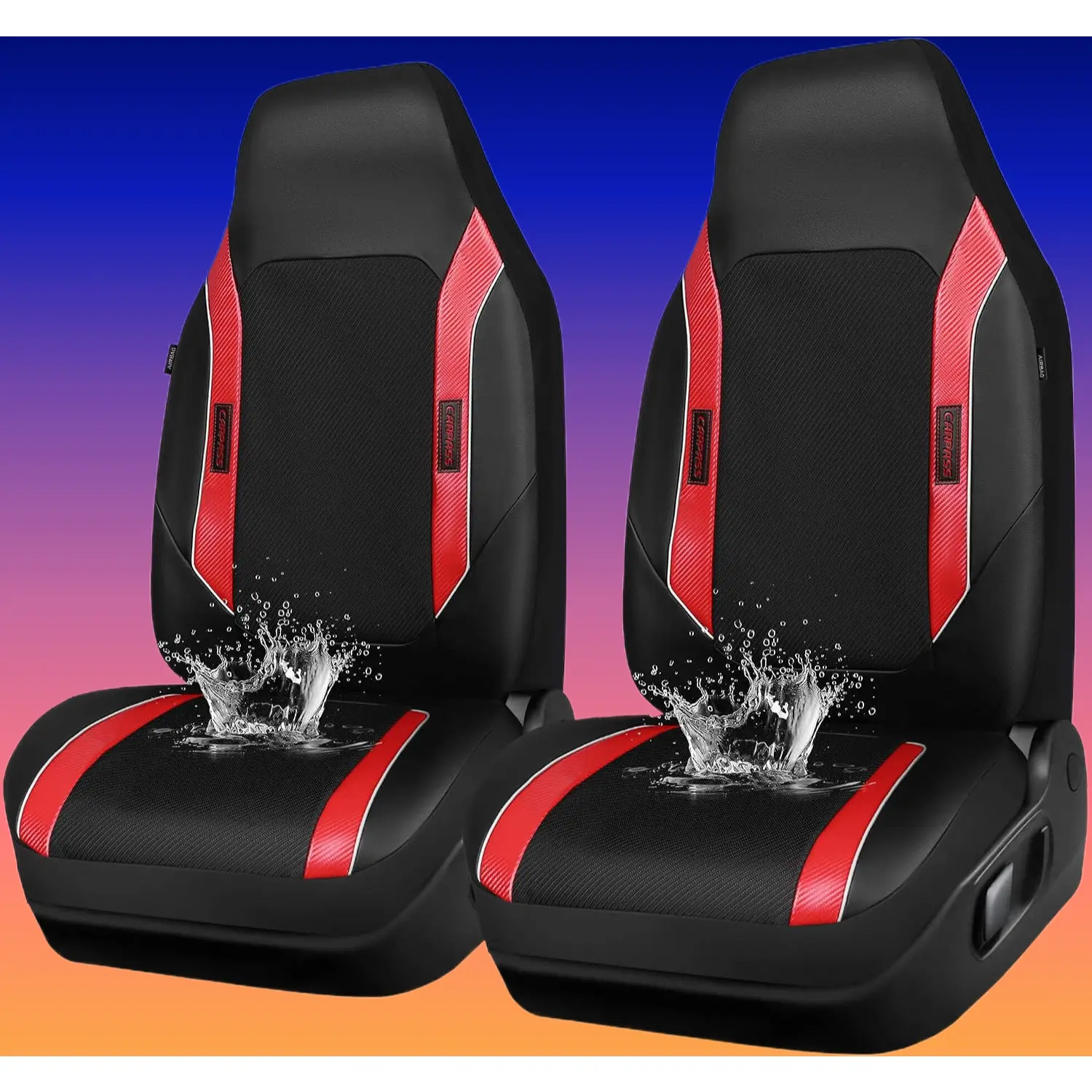 Sporty High Back 3D Oxford Waterproof Front Seat Covers, Carbon Fiber Leather, Airbag Compatible, All Weather, Fits Sports Car/SUV/Sedan/Truck