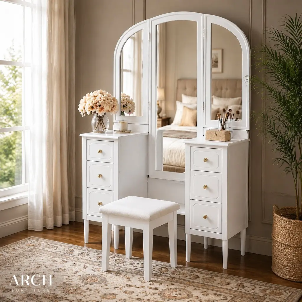 6-Drawer White Antique-Inspired Makeup Vanity Table Set - Full-Size Bedroom Dresser with Triple Mirrors, Cushioned Stool, Full-Length Mirror, Solid Wood Legs