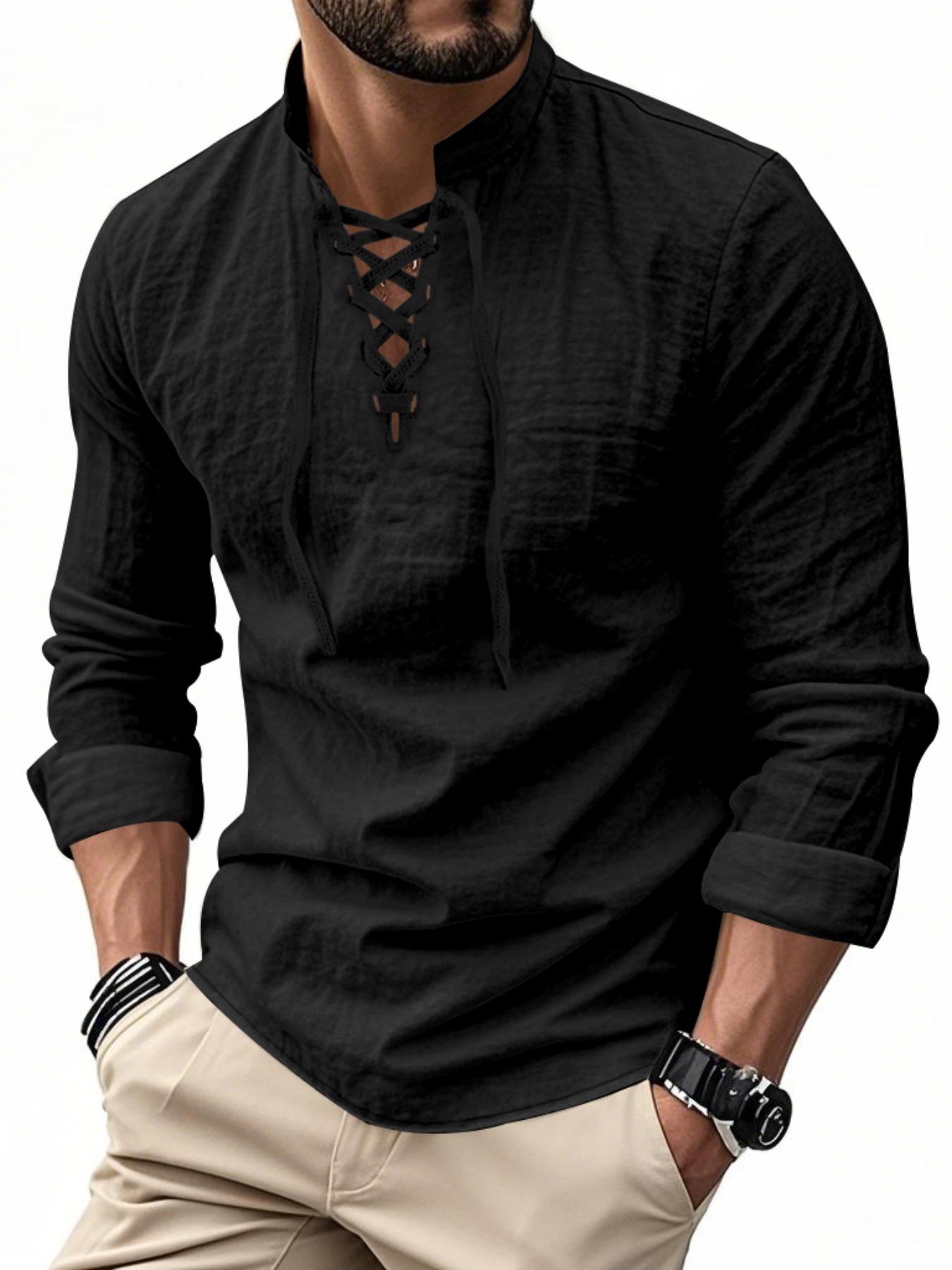 Men's Lightweight Breathable Linen Shirt, Drawstring Collar, Unique Design, Casual Plain Long Sleeve Polo, Perfect for Daily Commute Spring Fall Men's Clothing Men's Lightweight Breathable Linen Shirt, Drawstring Collar, Unique Design, Casual Plain Long Sleeve Polo, Perfect for Daily Commute Spring Fall Men's Clothing