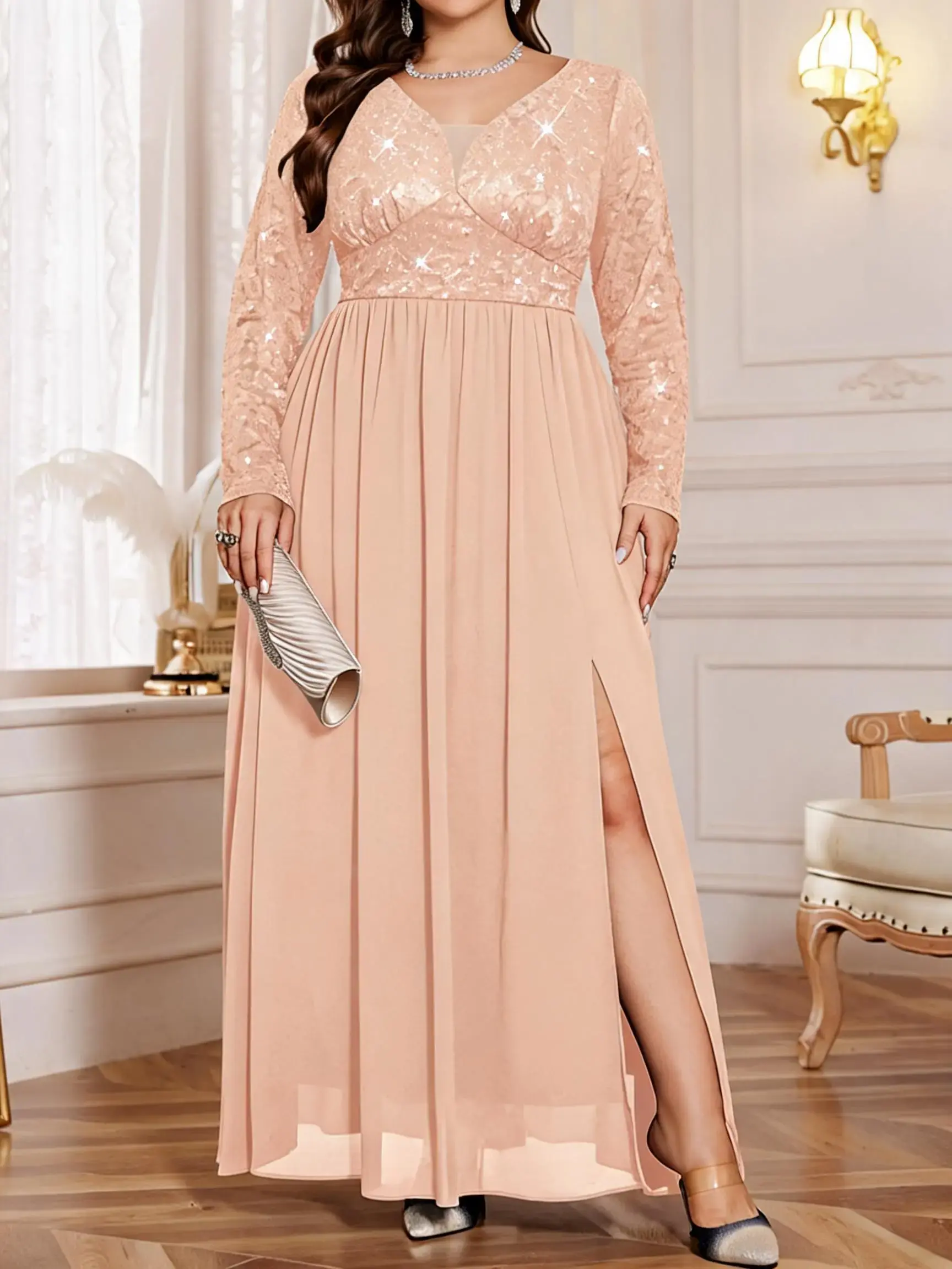 MISSMAY P54408A Plus Deep V-Neck Long Sleeve Sequin Floral Lace Contrast Chiffon Split Thigh Formal Party Cocktail Long Dress, Formal Evening Prom Wedding Guest Gown, Winter Dress, For Graduation, Dinner, Homecoming, Festivals, Garment, Women