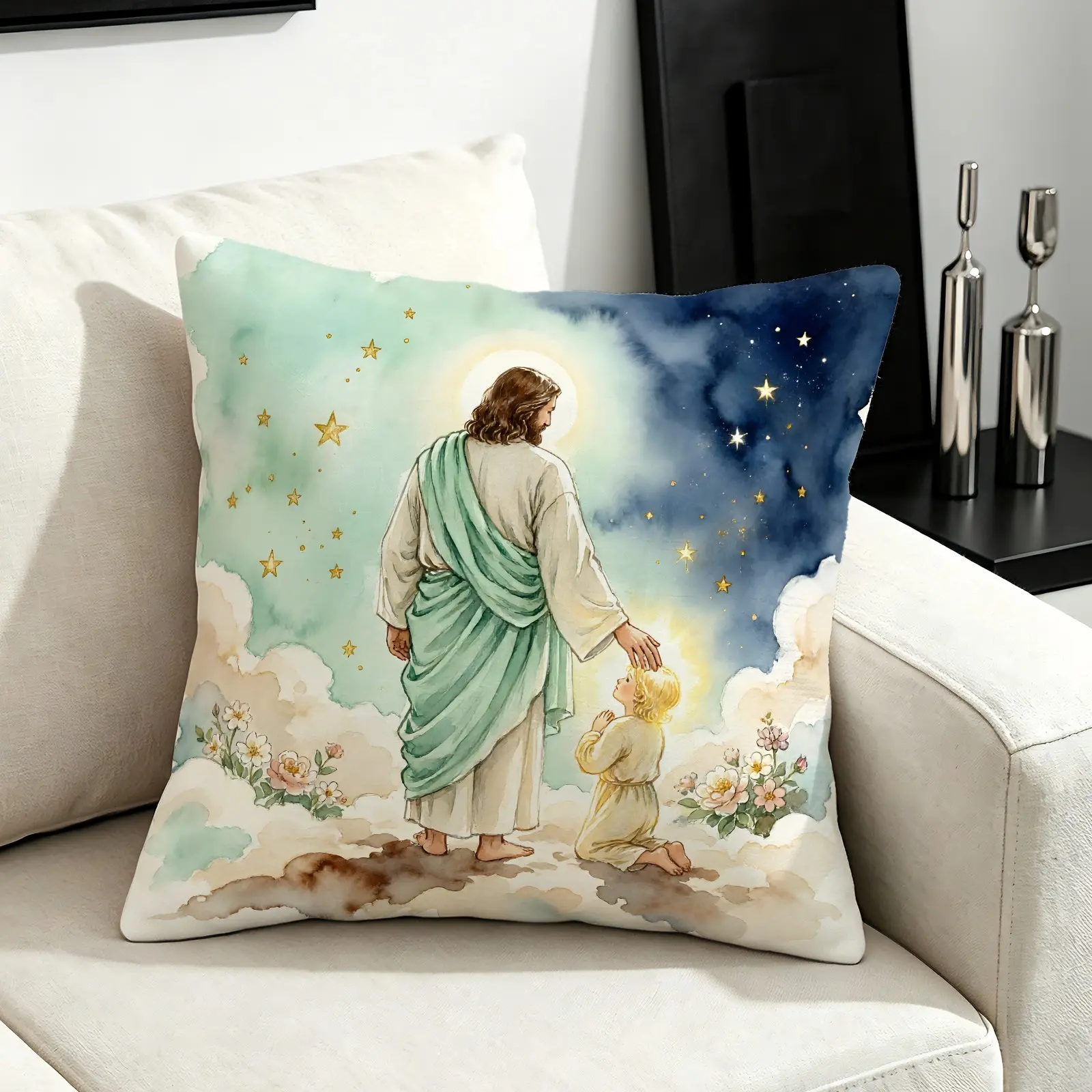 45x45cm 1Pc Christian Jesus Watercolor Multi-Scene Printed Throw Pillow, Machine Washable, Calming Art Print, Plump High-Resilience Soft Filling, Decorative Cushion Suitable for All Scenes & All Ages (Pillow Insert Included)