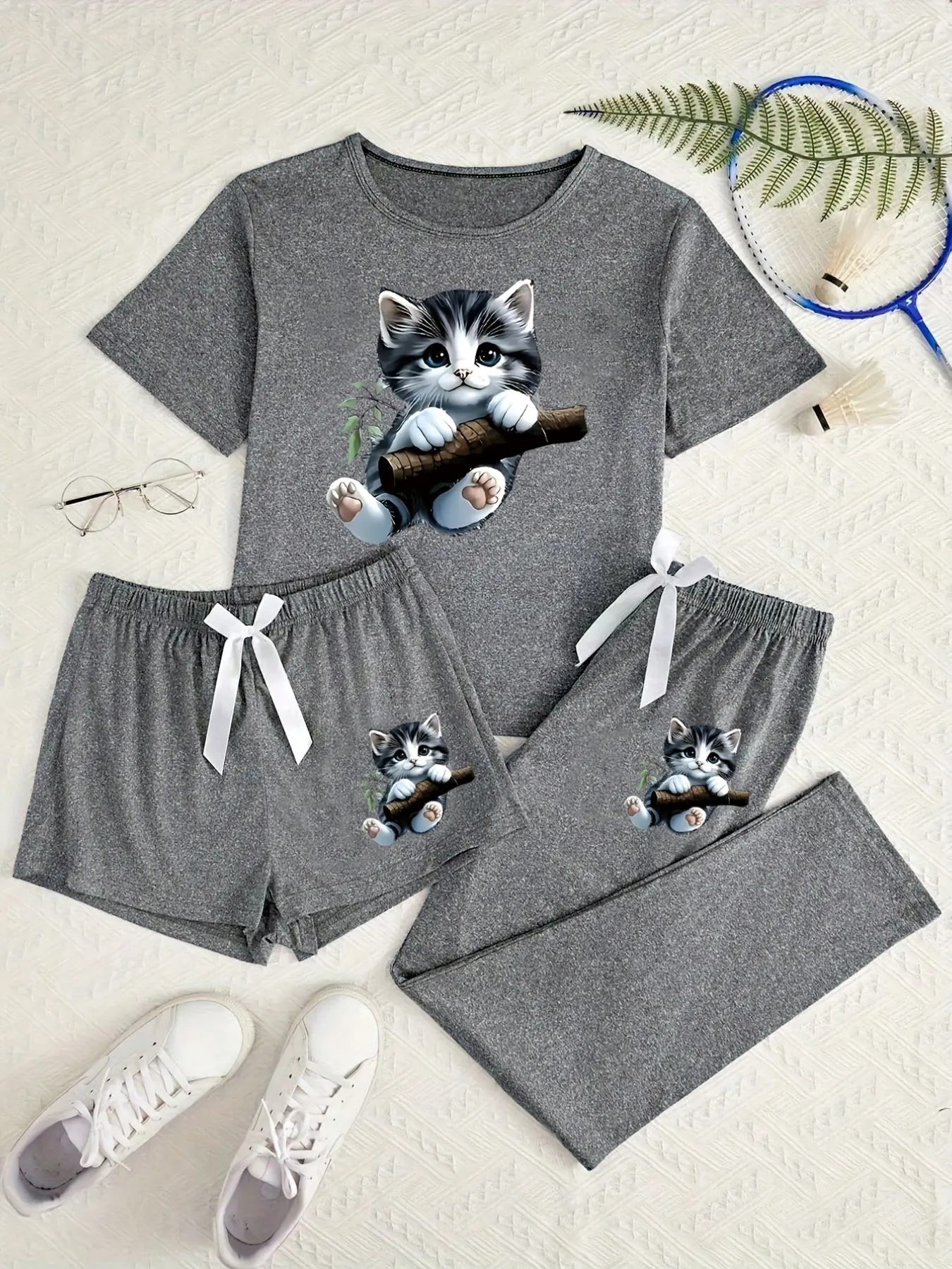 Women's Cute Cat Cartoon Print Pajamas, Comfortable Home Wear Set, Soft Knit Fabric, 3-Piece Sleepwear