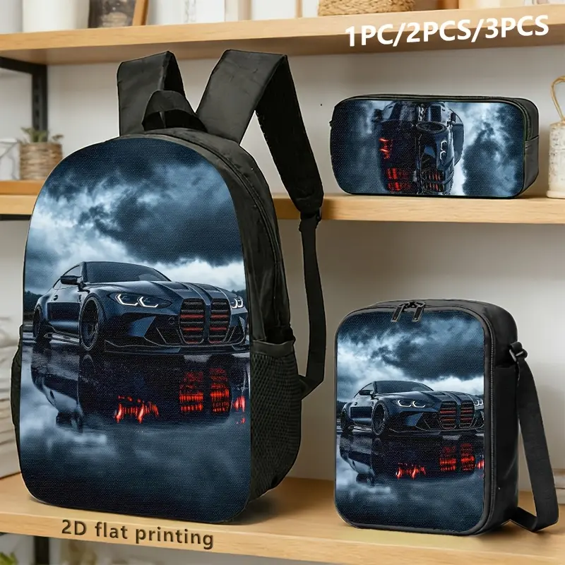3-piece car-themed backpack/shoulder bag set, featuring a stormy sky and racing car print. Made of durable material, suitable for city commuting and travel. Machine washable for everyday use. Digital printing.