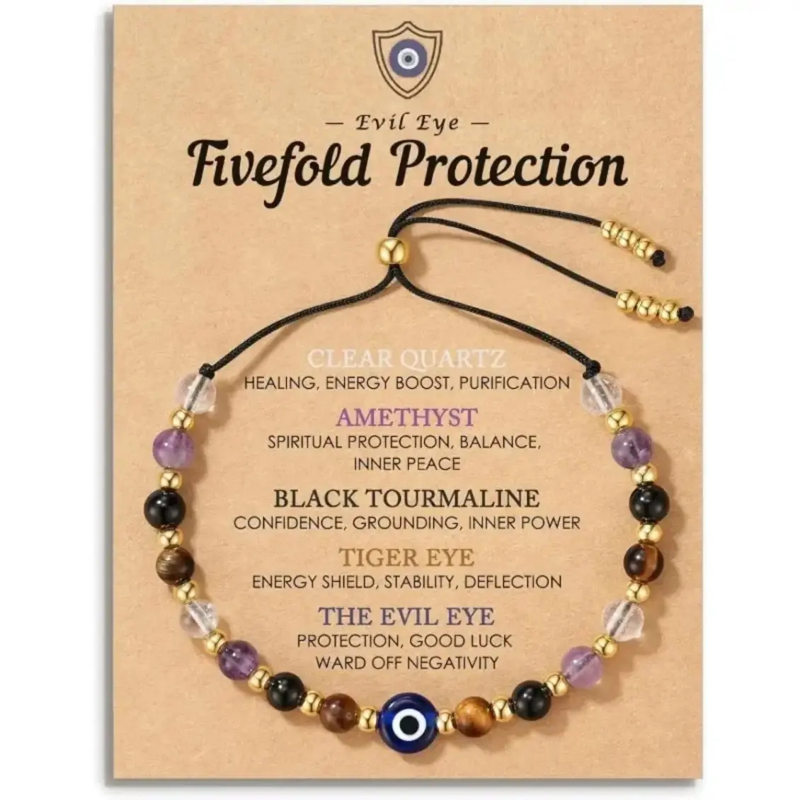 Evil Eye Beaded Bracelet for Women & Men, Aesthetic Handmade Dainty Gemstone Jewelry with Natural Quartz, Amethyst & Tiger Eye Stones, Adjustable Spiritual Charm Bracelet for Daily Wear, Meditation, Friendship Gift & Meaningful Accessories