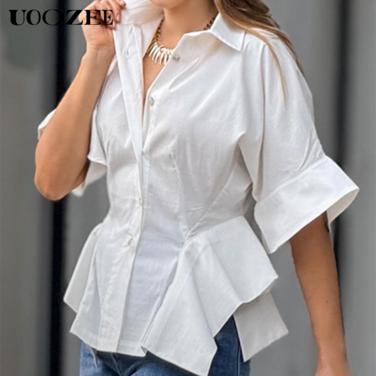 UOOZEE Women's New Summer Solid White 100% Cotton Lapel Collar Half Sleeve Sheer T-shirt, Waisted Irregular Ruffle Hem Loose Fit Buttoned Summer Blouse(One Size Up Recommended for C - Cup and Above) UOOZEE Women's New Summer Solid White 100% Cotton Lapel Collar Half Sleeve Sheer T-shirt, Waisted Irregular Ruffle Hem Loose Fit Buttoned Summer Blouse(One Size Up Recommended for C - Cup and Above)