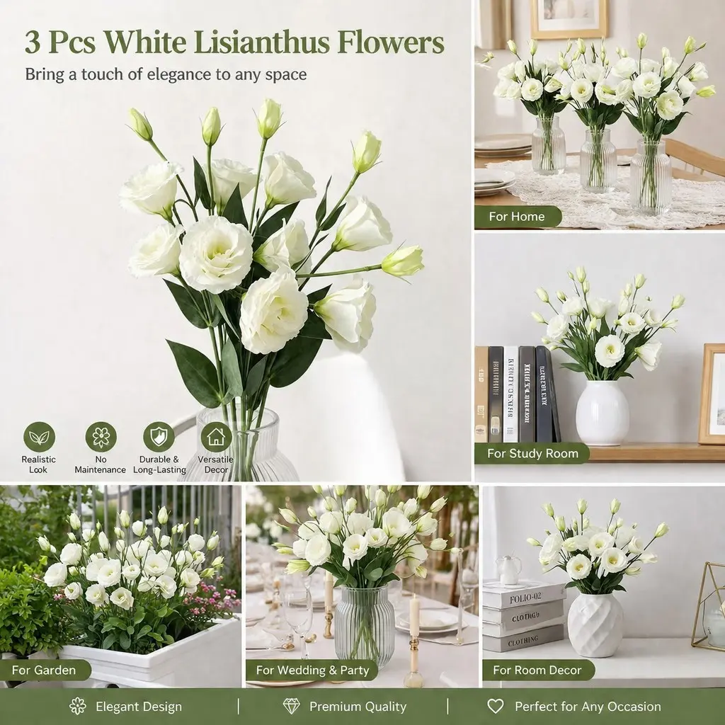 21-Inch Artificial Flower Lisianthus, 3-Piece Long Stem Floral Arrangement, 4 Heads, DIY Wedding Party Centerpiece, Home Decor, Real Looking Artificial Flowers
