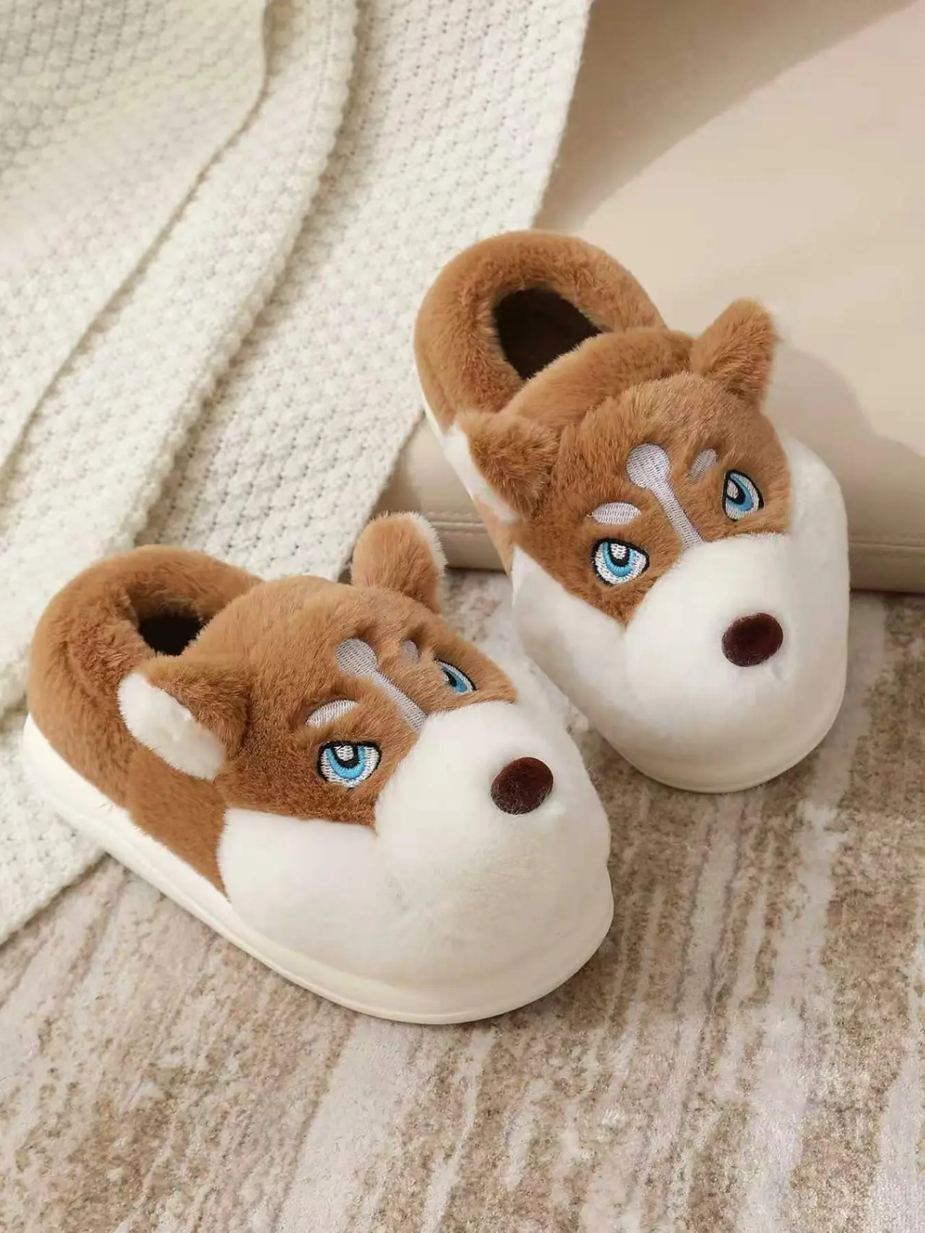 New Winter Plush Siberian Husky Pattern Thick Sole Snow Boots, Couples' Comfortable Fashion Versatile Shoes, Fall & Winter Home Slippers