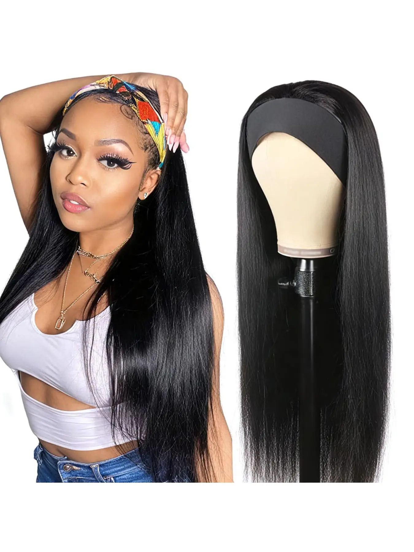 26 Inch Straight Headband Wig Black Heat Resistant Synthetic Hair Women's Headband Wig Full Machine Made Wigs Women