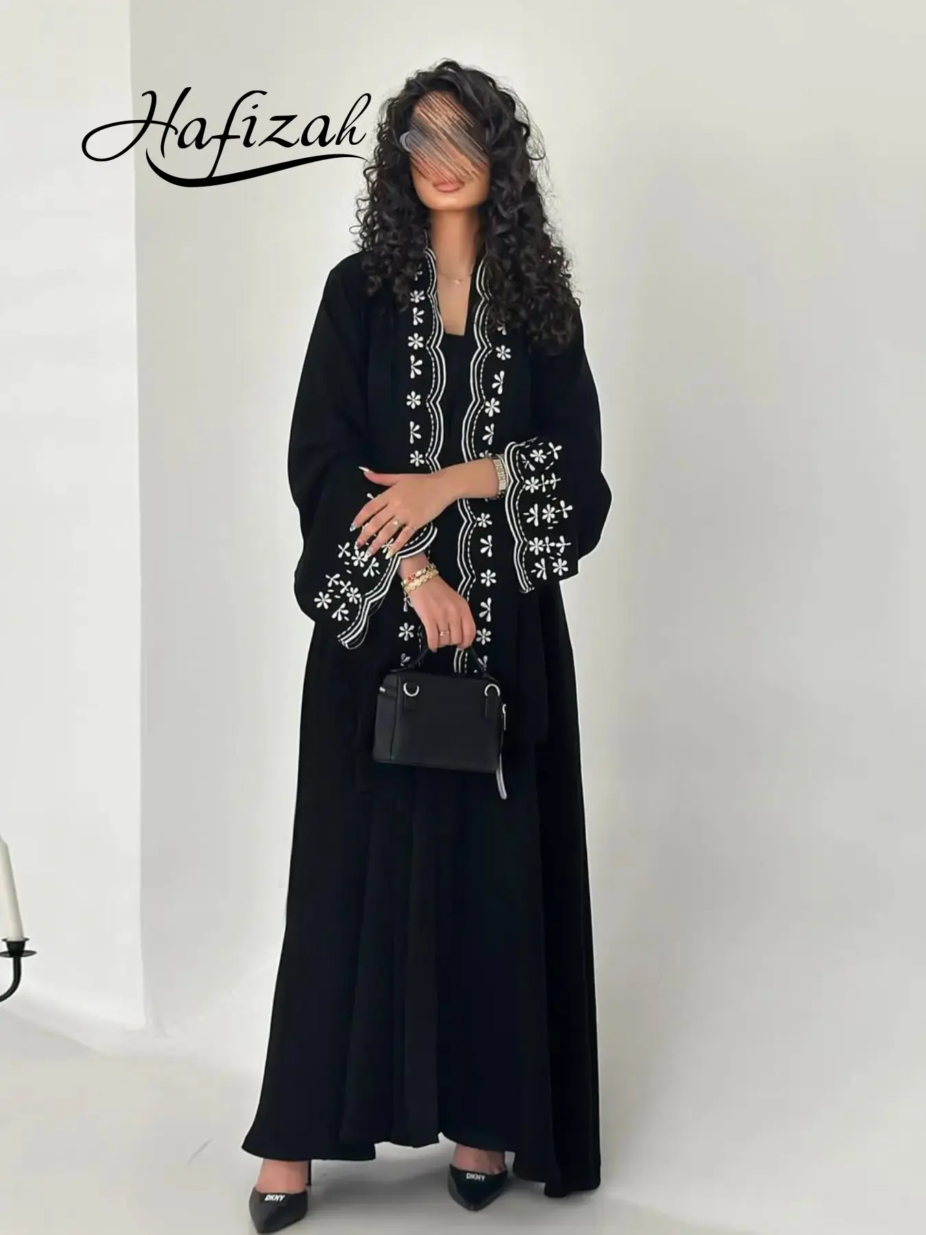 Hafizah Modest Floral Outerwear, Loose-Fitting Embroidered Shawl Coat, Trendy Casual Long Dress with Headscarf, All Seasons Fashion