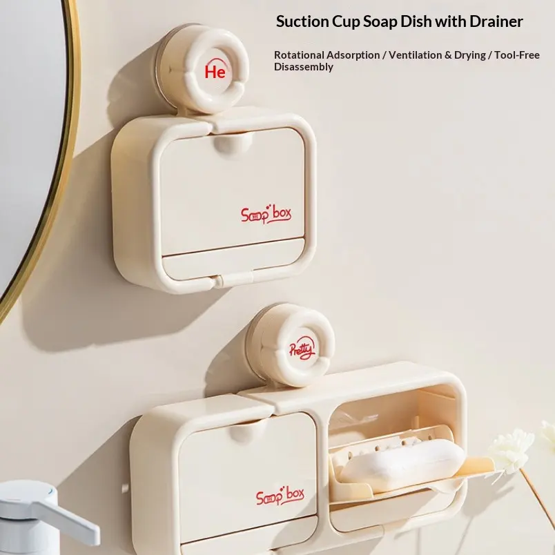 Wall-Mounted Soap Holder with Suction Cup Lid, No-Drill Dual Drainage Storage, Bathroom Soap Box, Hanging Soap Dish, Soap Bar Holder