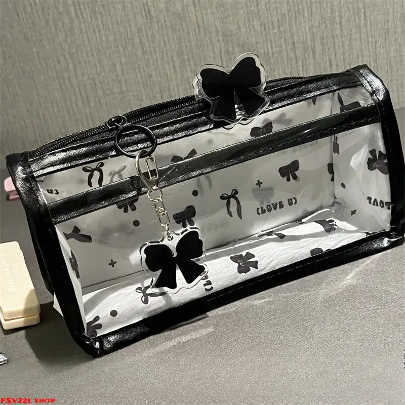Cute Clear Pencil Case with Black Bow Accent – Large-Capacity Stationery Organizer for School & Travel (Dual-Use Zippered Pouch for Stationery & Cosmetics)