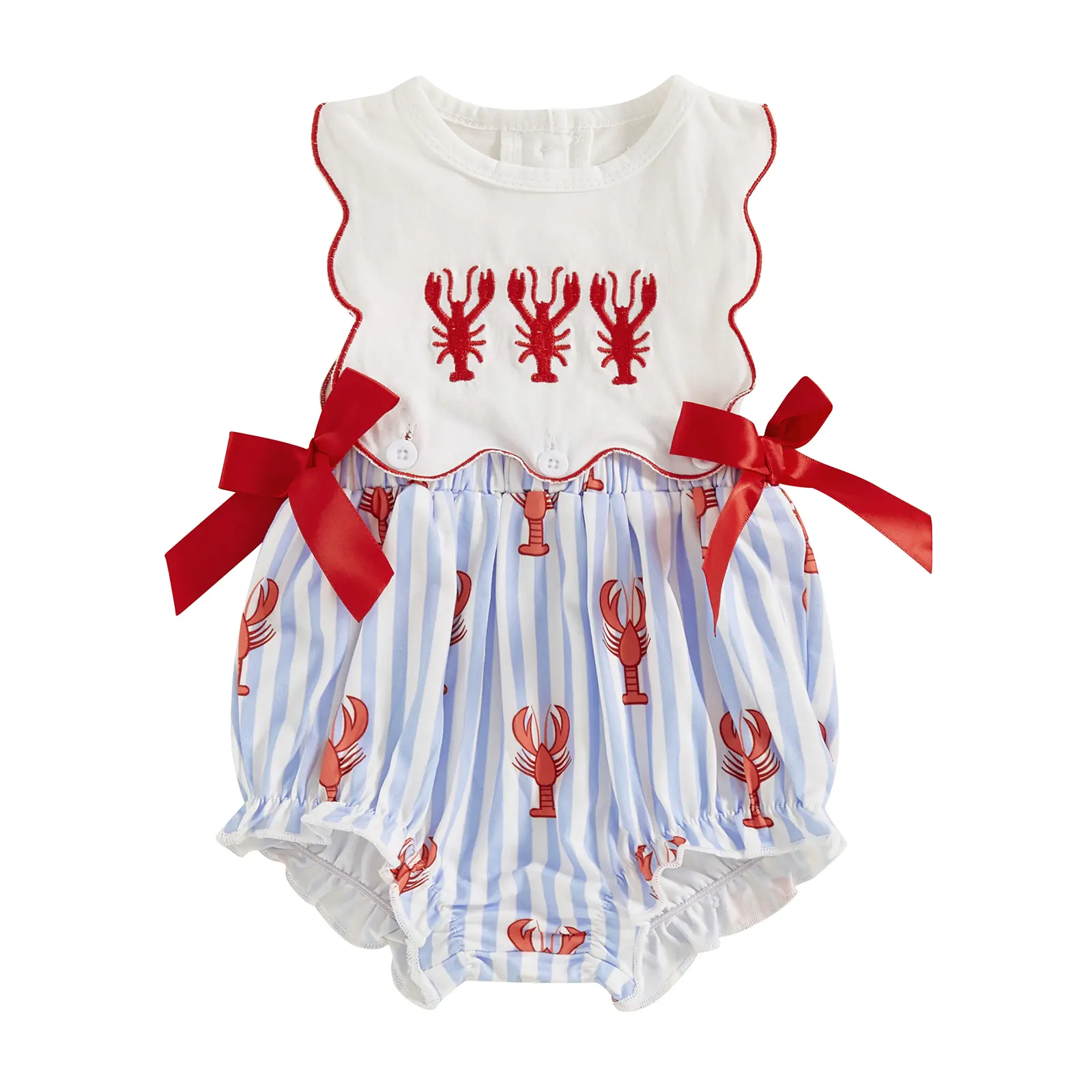 Canrulo Newborn Infant Baby Girl Smocked Bubble Summer Sleeveless Onesie Striped Crawfish Embroidered Romper