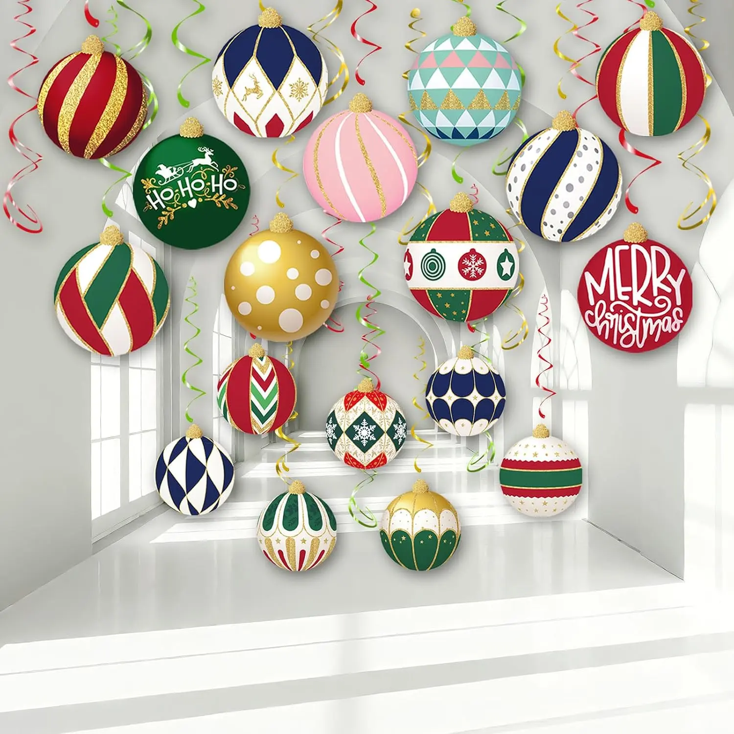 Christmas Ball  Swirl, 48 count Merry Christmas Ball Foil Swirls Ceiling Streamers  Decorations for Xmas Indoor Outdoor Party Supplies﻿