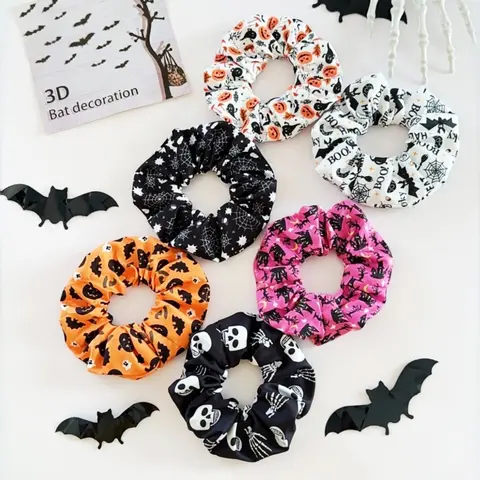 6-Pack Halloween Pumpkin Skull Hair Ties, Sweet Cool Funny High Elastic Hair Bands, Back-To-School Gifts for Girls, Girl Headwear, Elastic Hair Accessory