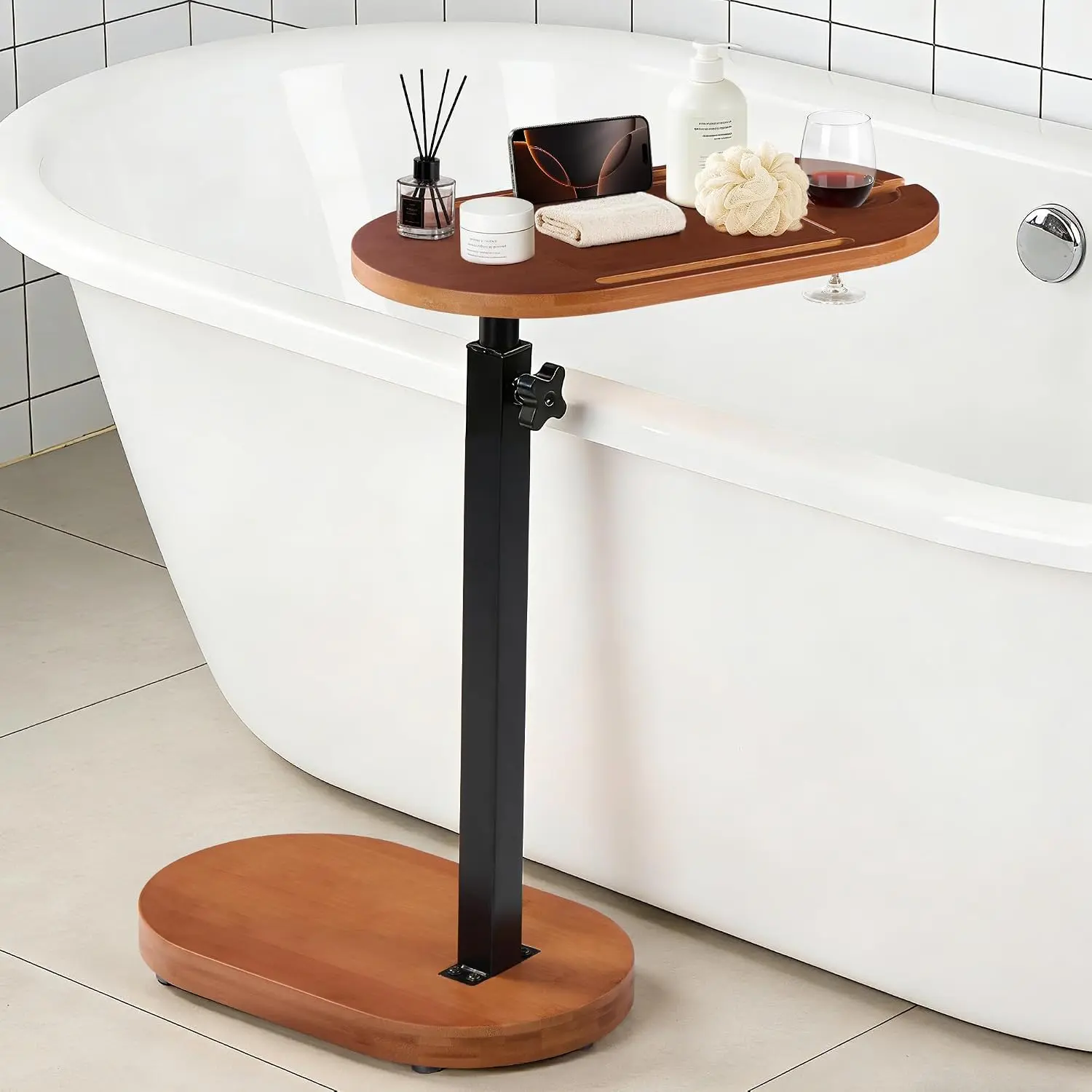 Bamboo Bathtub Side Table, Height Adjustable Bath Caddy Tray