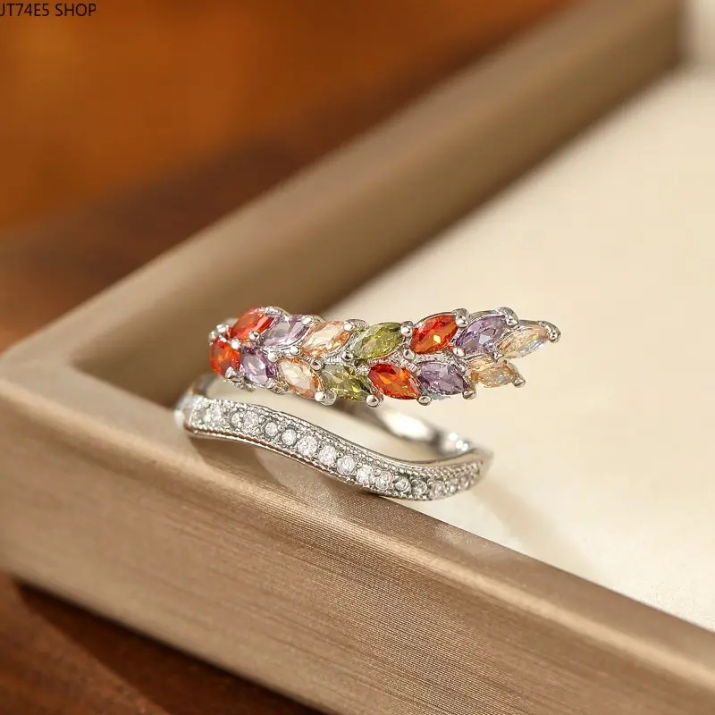 Wheat Ear Shaped Multi-Color Marquise Cubic Zircon Open Ring for Women, Gradient Rainbow Gem Split Band Daily Hand Jewelry
