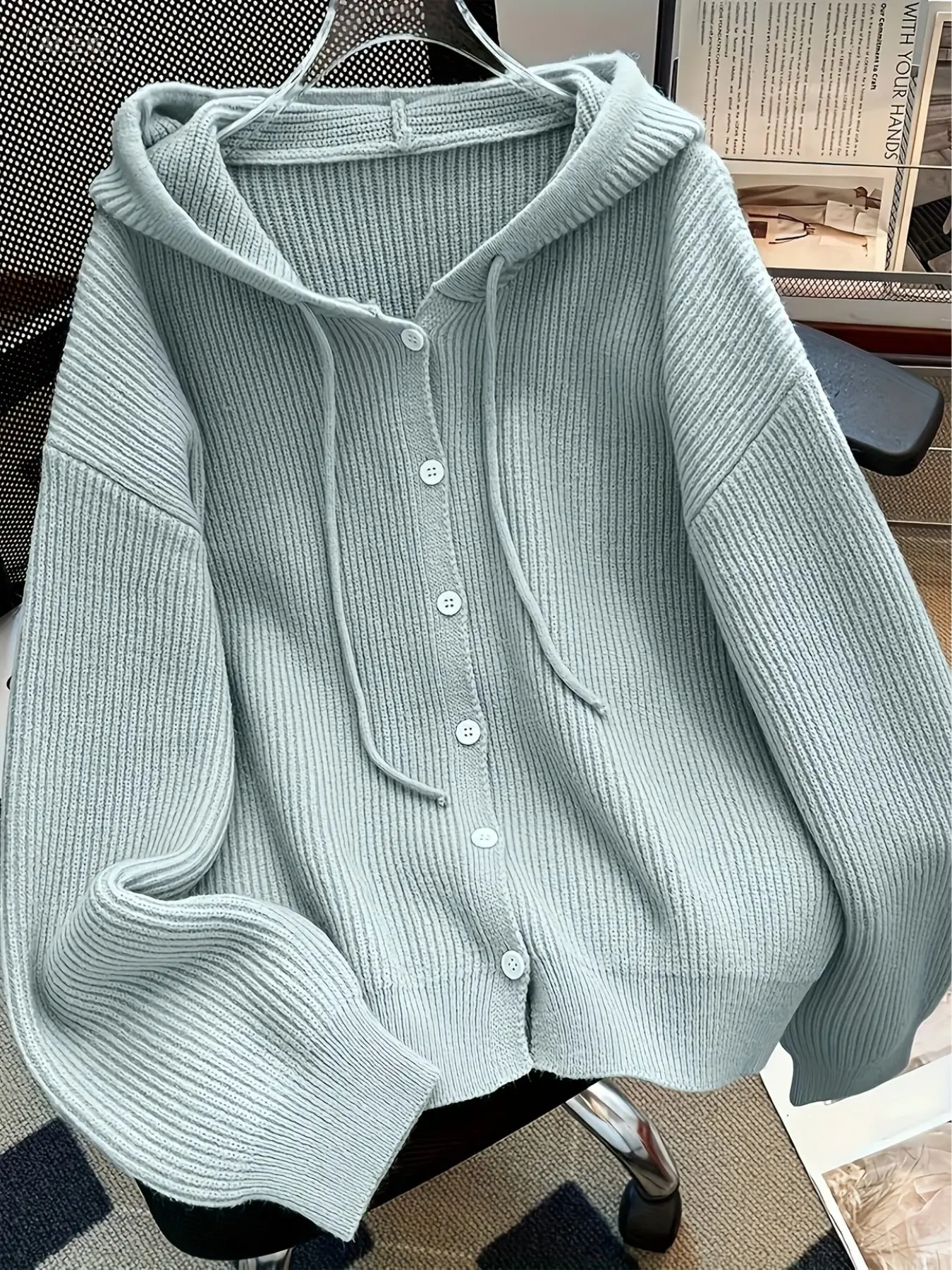 Women's Hooded Button Front Long Sleeve Ribbed Knit Solid Color Cardigan Sweater, Fall Winter Casual Daily Soft Warm Loose Fit Cute Stylish Fashion Knitted Cardigan Outerwear Jacket, Women Winter Cardigan Knitwear, Aesthetic Casual Knitwear Oversized
