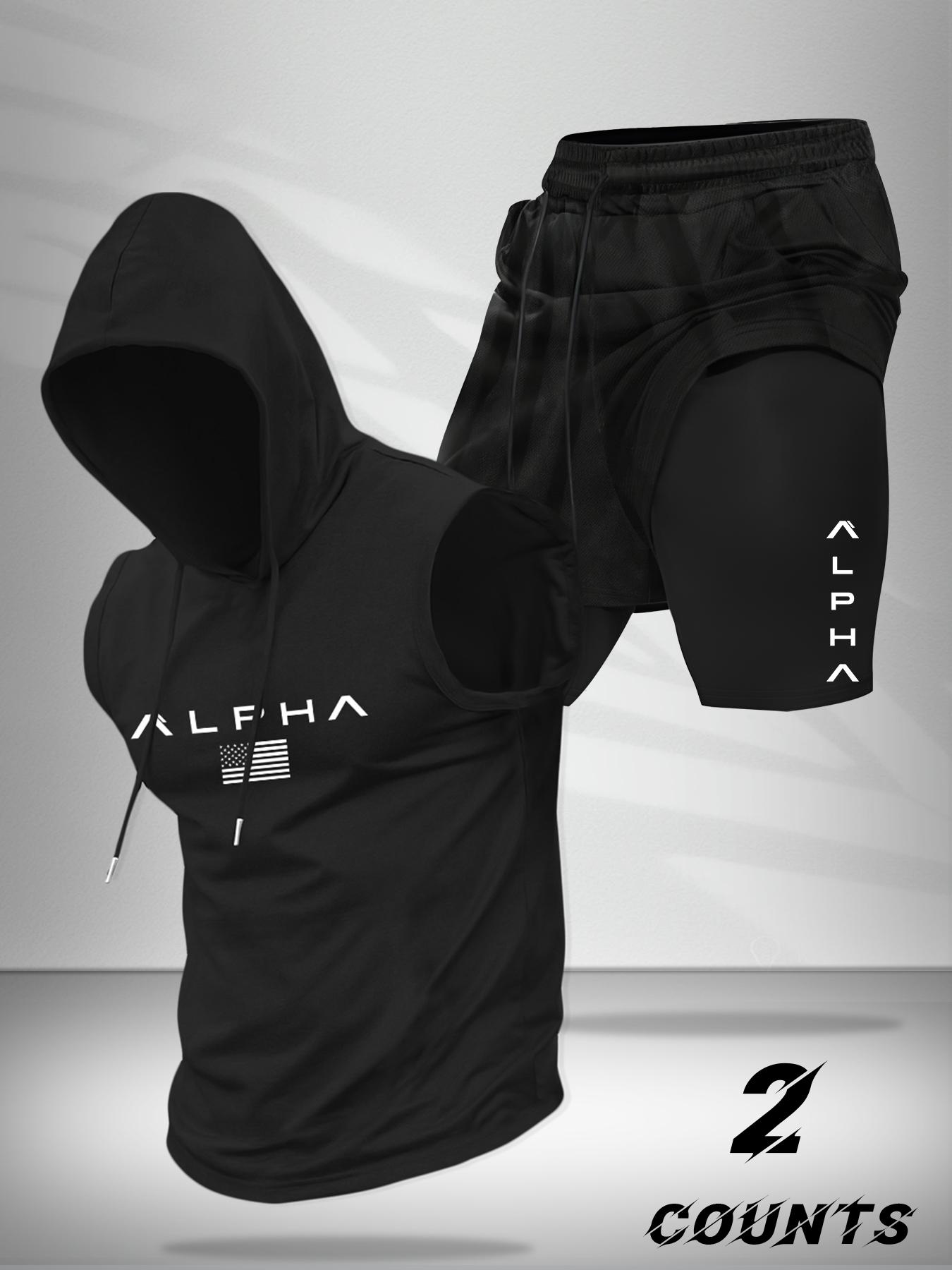 Hooded Vest and Gym Shorts Two-Piece Set, Casual Summer with Letter Pattern, Fitted Knitted Sportswear for Active Lifestyle, Sportswear Running Fitness, Workout Running Clothes, Streetwear Tracksuit Set