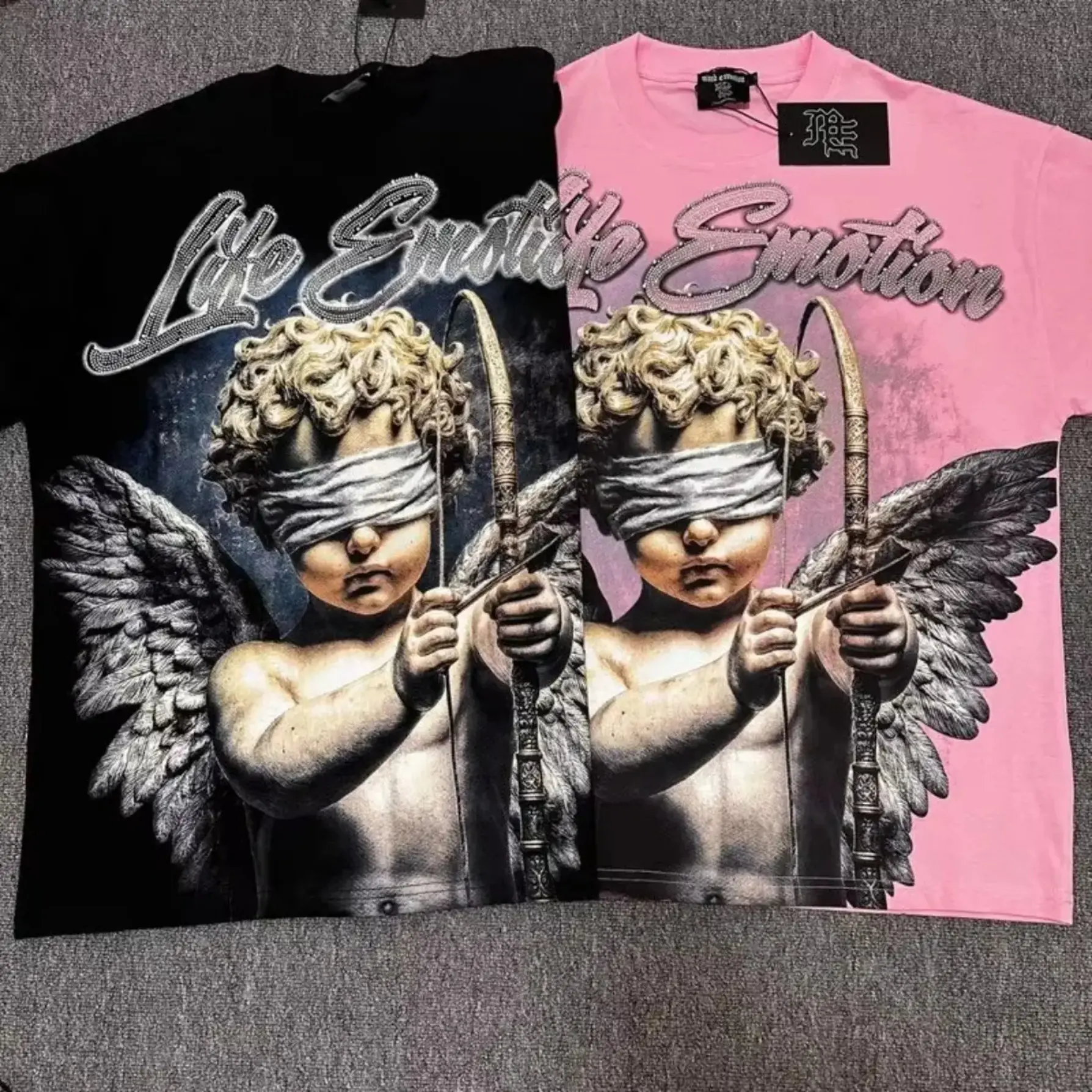 MIXED EMOTION Rhinestone Graphic T-Shirt 2026 100% Cotton Loose Oversized Round Neck Drop Shoulder Short Sleeve Tee Y2K Hip Hop High Street Trendy Streetwear for Men Women