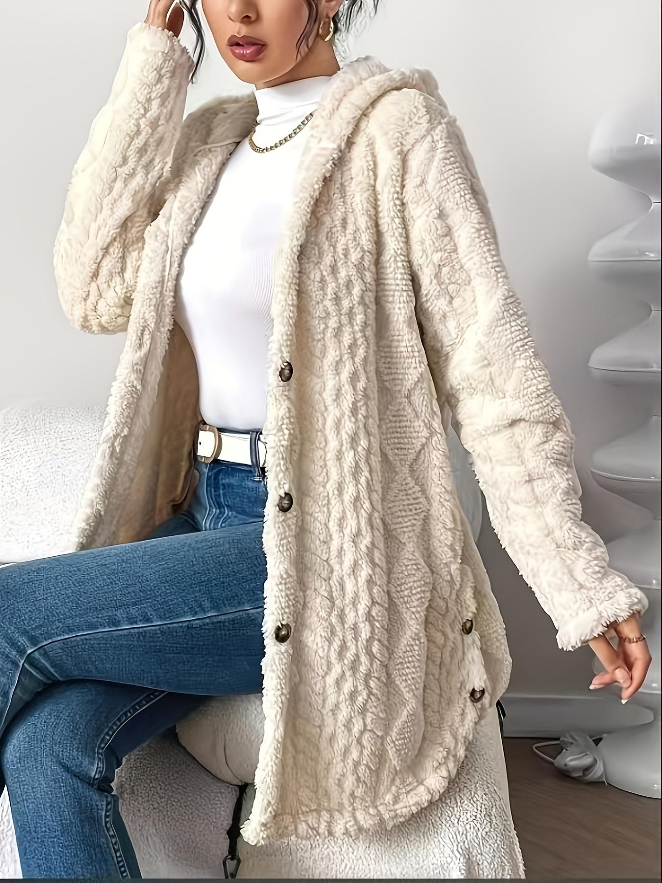 Women's Solid Color Fuzzy Knit Hooded Jacket Coats, Casual Long Sleeve Outerwear for Daily Wear, Ladies Clothes for All Seasons, Winter Womenswear