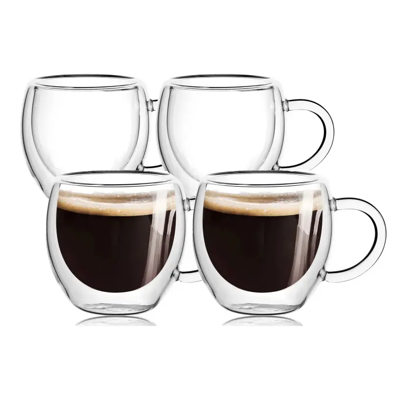 4-Pack 2.5oz Small Espresso Cups with Handles, Transparent Espresso Cups/Coffee Cups, Double-Walled Insulated Coffee Cups, Microwave and Dishwasher Safe, Suitable for Espresso Machines