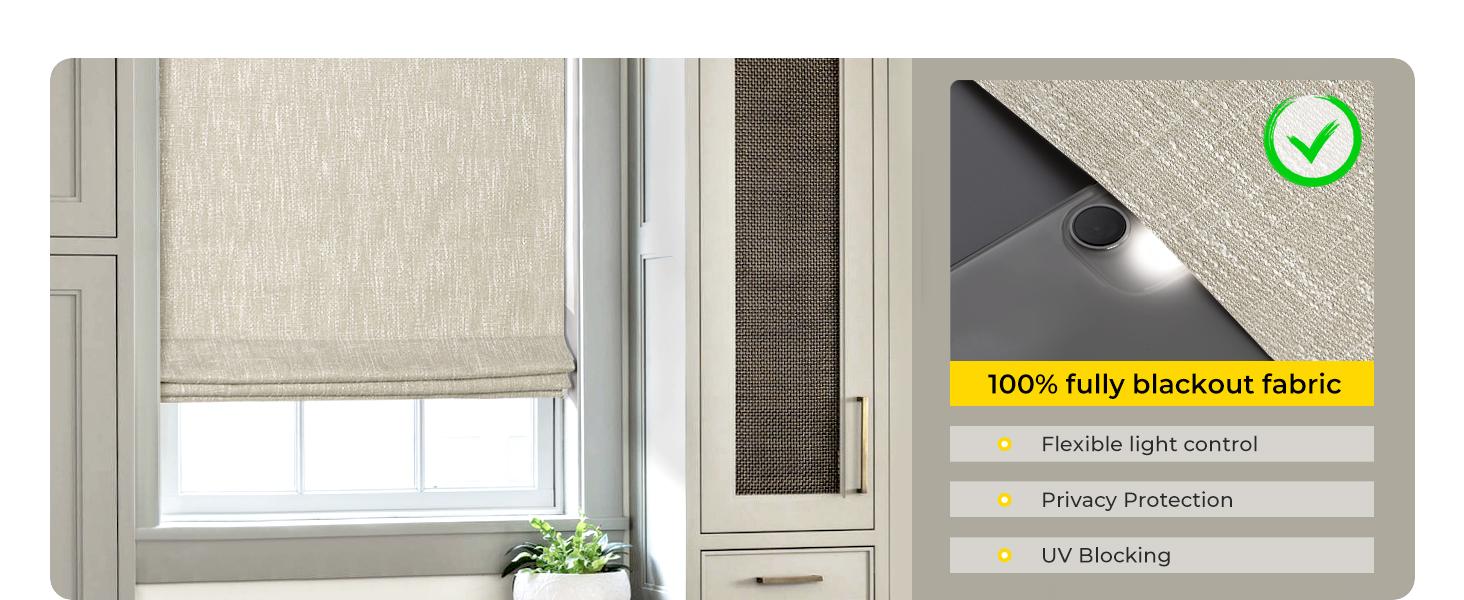No Tools No Drill Cordless Roman Shades for Indoor Windows 100% Blackout, for Window Size 34" W * 64" H Beige