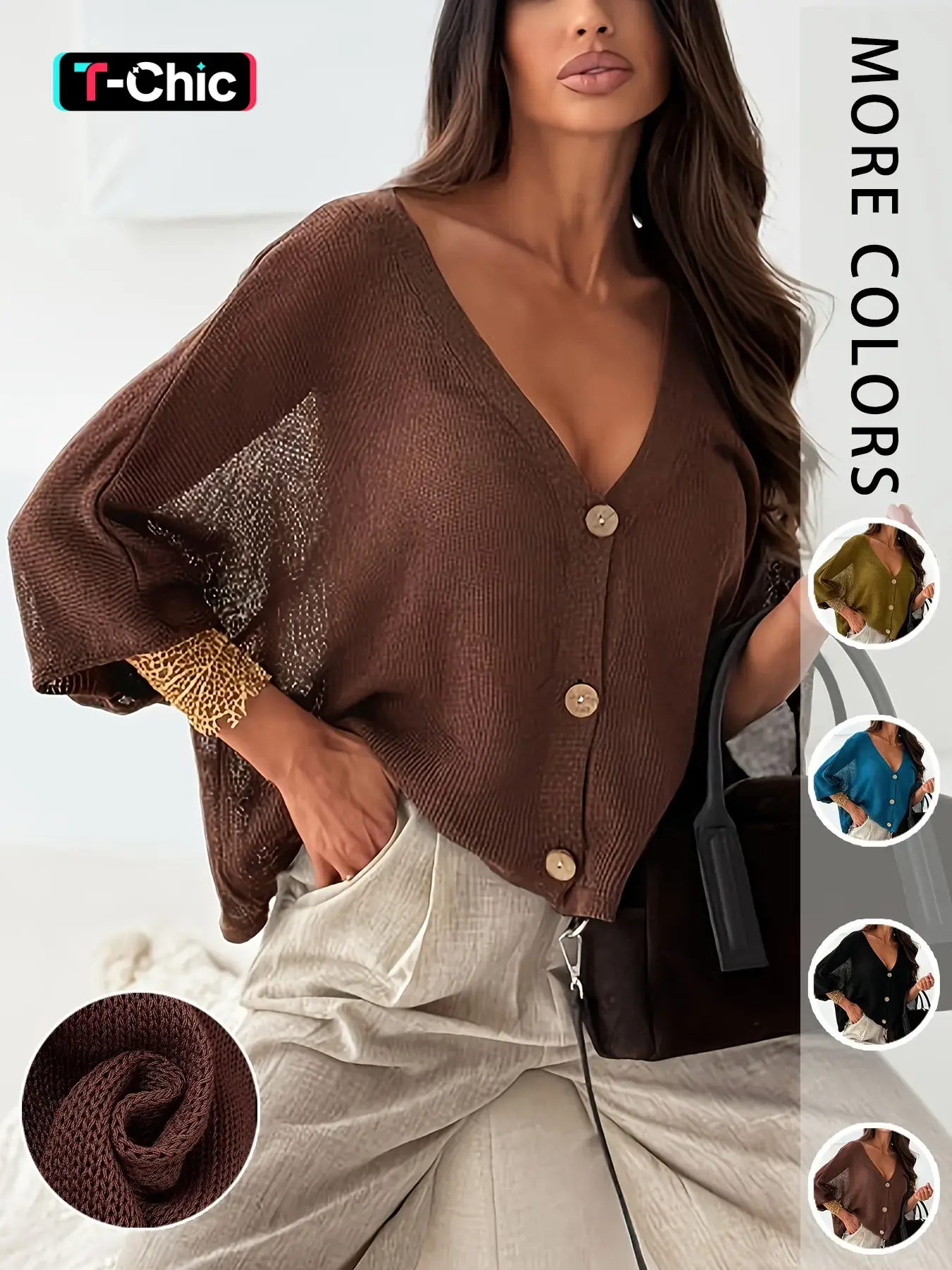 Women's Sheer Knit Cardigan, Deep V-Neck Button-Down Batwing Sleeve Oversized Summer Top, Casual Breathable Open-Front Knitwear