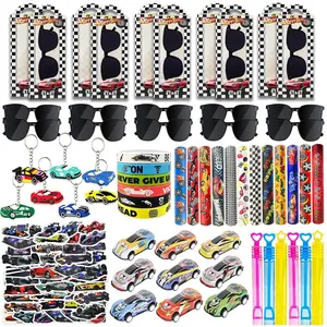 120PCS Race Car Party Favors Set, Car Birthday Decorations Including Slap Bracelets, Keychains, Gift Bags, DIY Stickers, Racing Glasses, Bubble Wands, Race Car Birthday Supplies