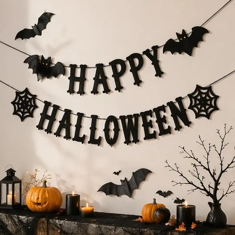 Happy Halloween Banner Black Glitter Paper Decoration | Bat & Spider Web Accents, Wall Hanging Decor, Photo Prop, Scary Party Supplies, Home Backdrop