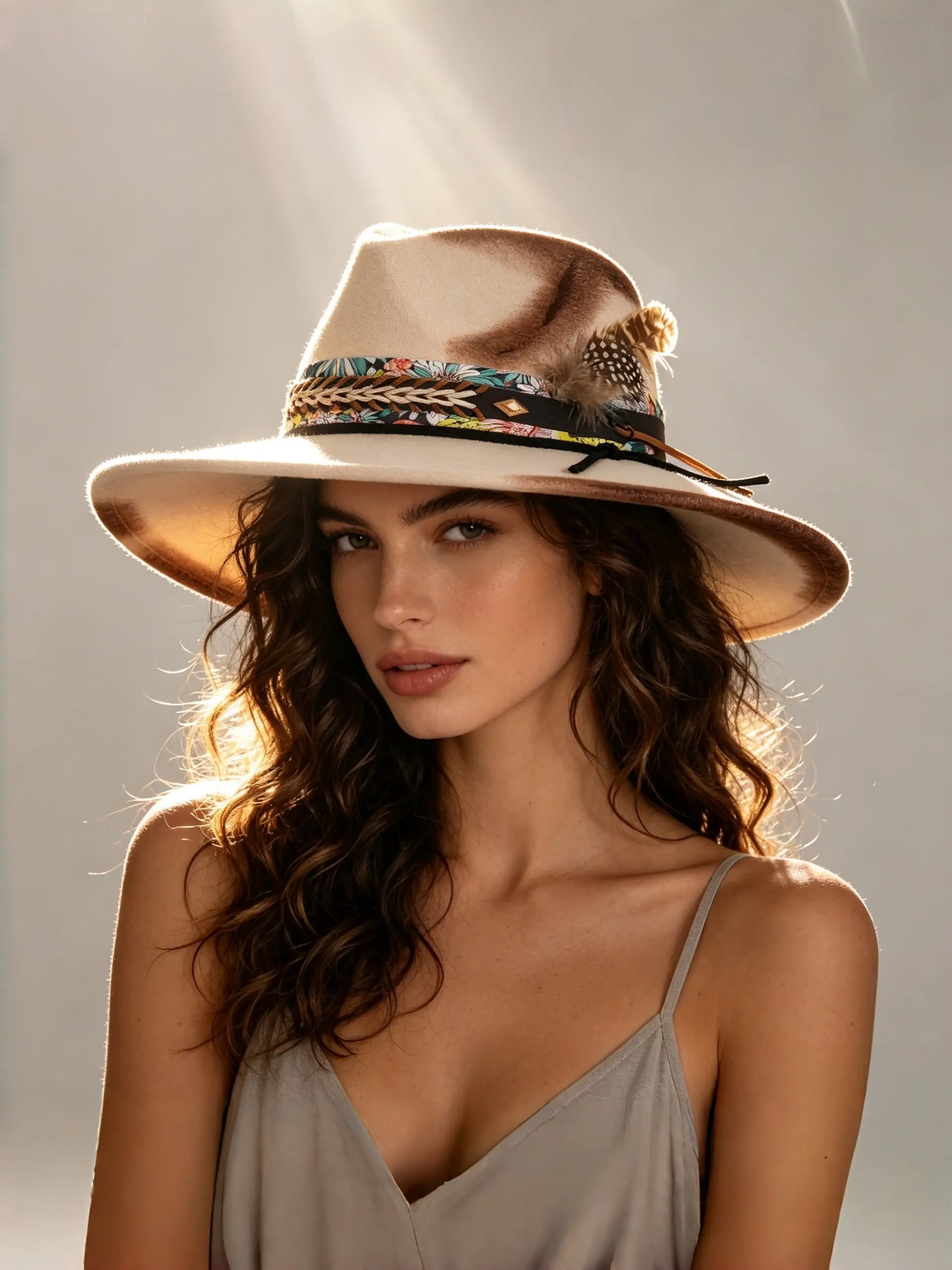 Women's Western Vintage Wide Brim Dress Up Hat, Faux Fur Material, Gradient Distressed Brim, Feather Accent, Ethnic Print, All Seasons Fashion Accessory