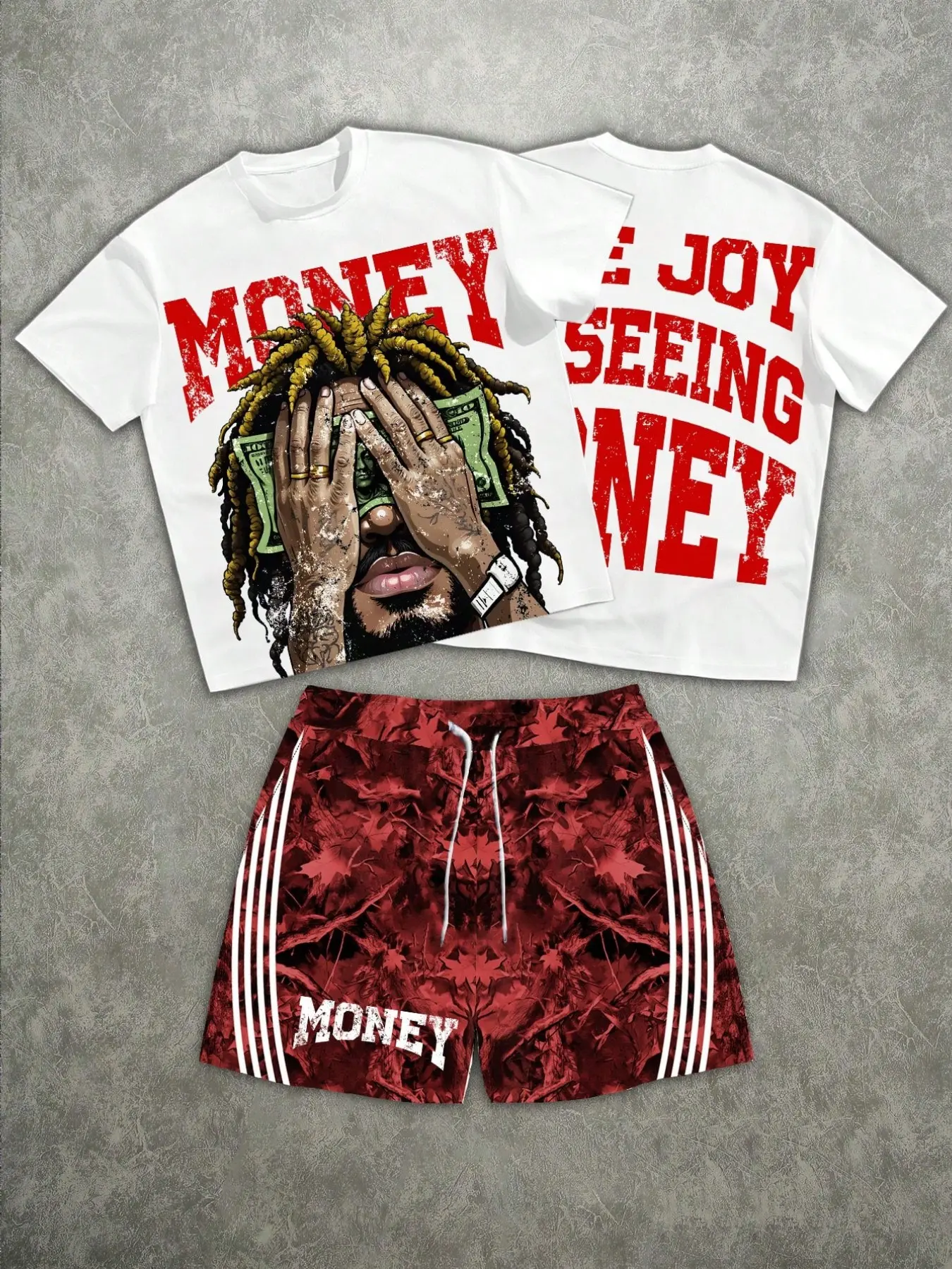 Men's Summer Short Sleeve Complete Set, Hip-Hop Style Money Graphic Print Tee + Camo Stripe Shorts, Casual Baggy Loose Fit, Ideal for Sports & Streetwear, Menswear