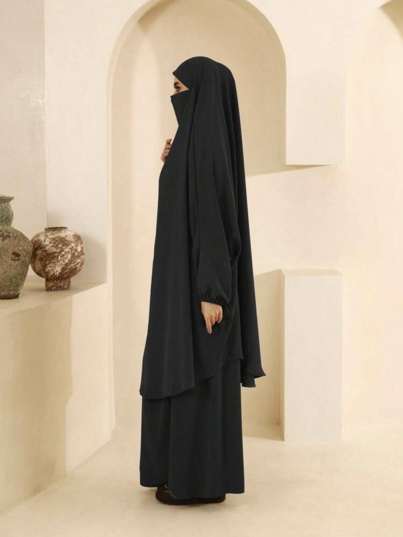 Elegant 2pcs Muslim women’s jilbab Abaya set soft, Breathable polyester, solid color long sleeve perfect for outings comfortable loose fit for all body type