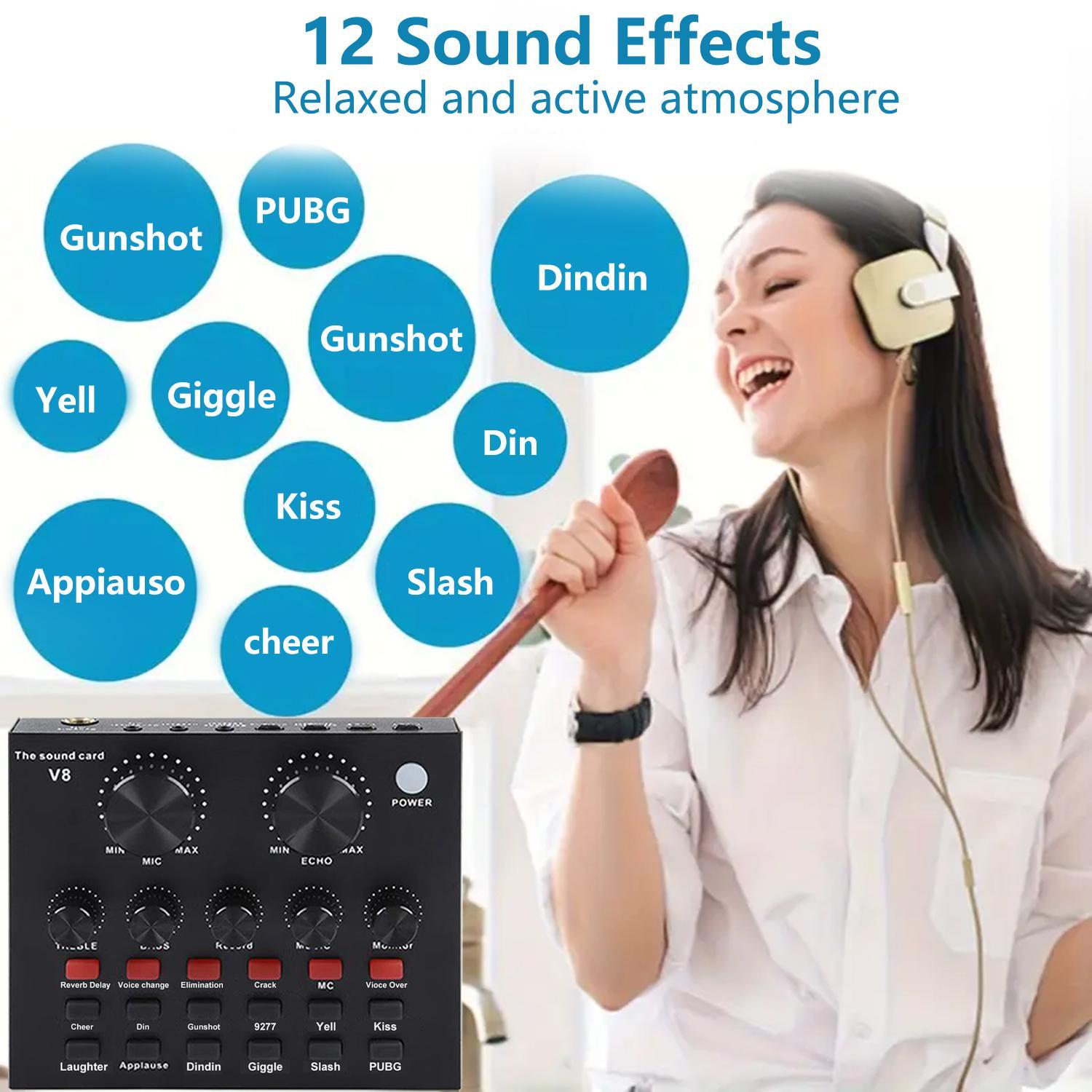 Audio Interface with Mixer & Vocal Effects, Condenser Microphone Kit, Live Sound Card, Adjustable Mic Stand for Studio Recording, Streaming Broadcast