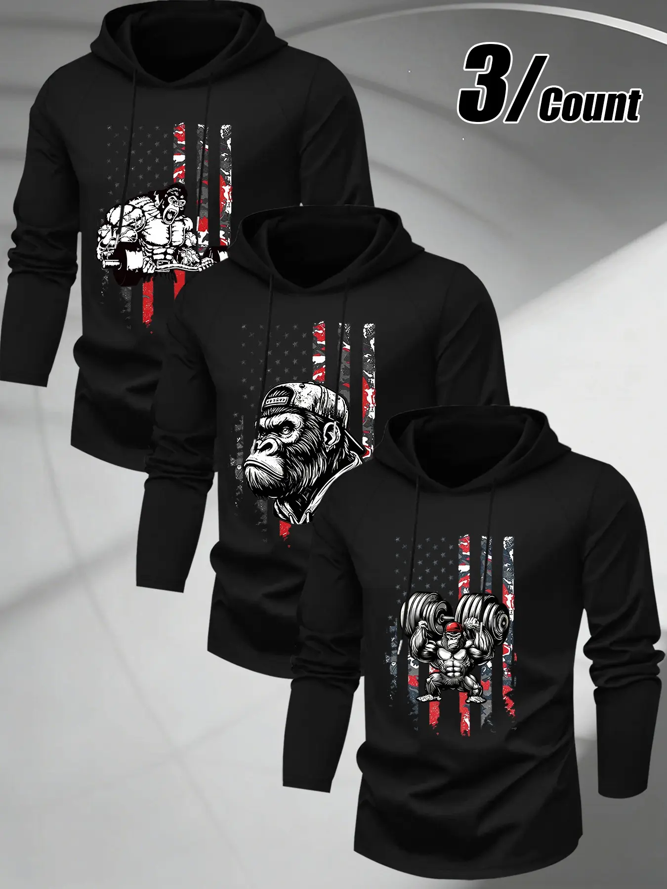 Men's 3-Pack Long Sleeve Hoodie Set, Gym Gorilla Weightlifting Usa Flag Print, Drawstring Sporty Casual Training Top with Pockets